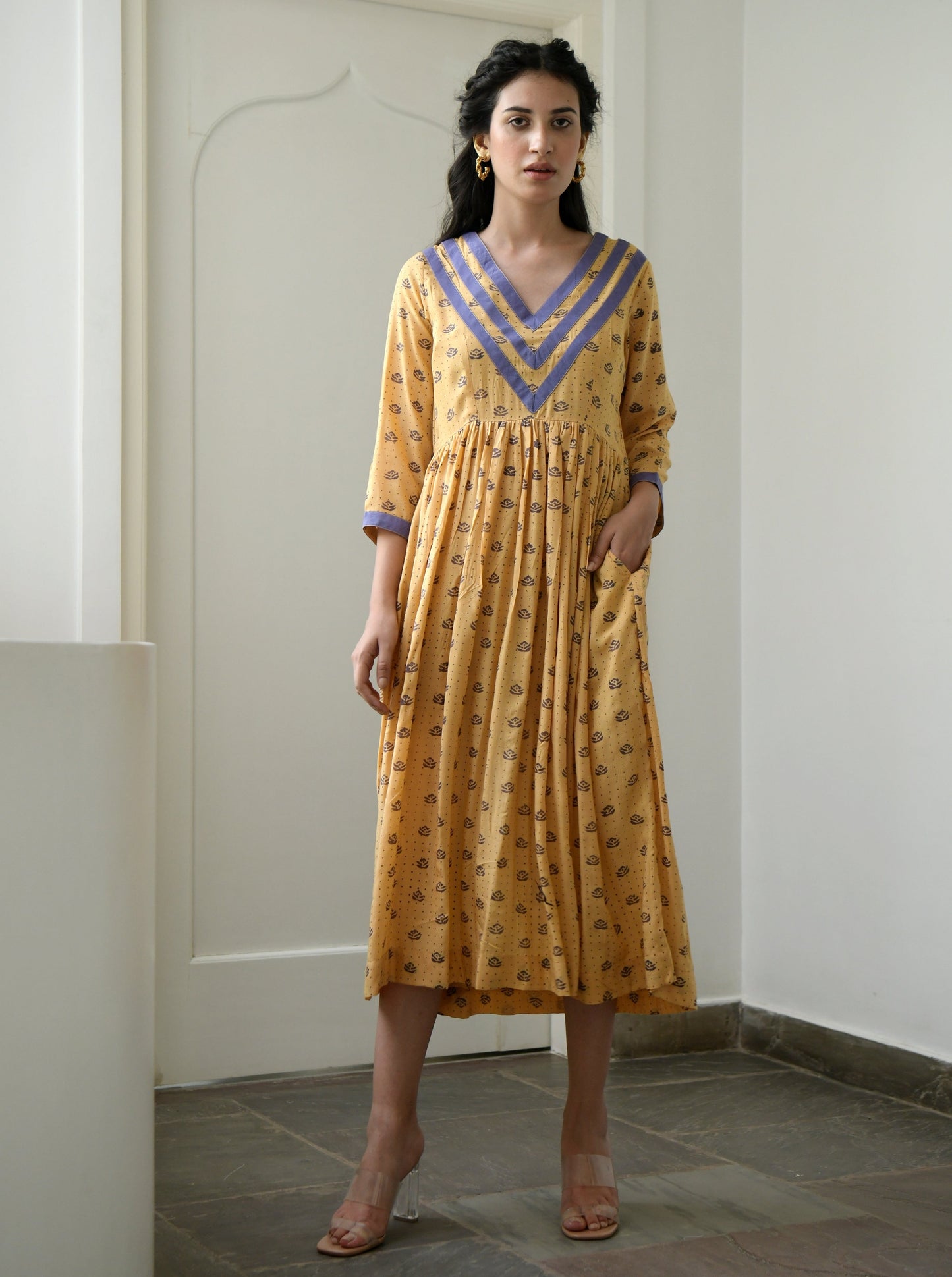 Yellow Printed Midi Dress Gulzar Taro, Modal silk, Natural, Prints, Regular Fit, Kamakhyaa