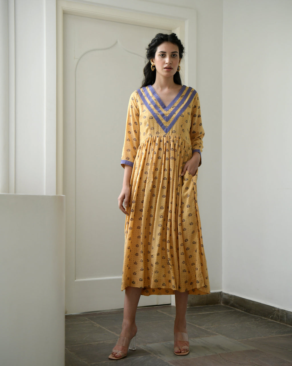 Yellow Printed Midi Dress by Taro with Evening Wear, Gulzar by Taro, July Sale, July Sale 2023, Midi Dresses, Modal silk, Natural, Prints, Regular Fit, Womenswear, Yellow at Kamakhyaa for sustainable fashion