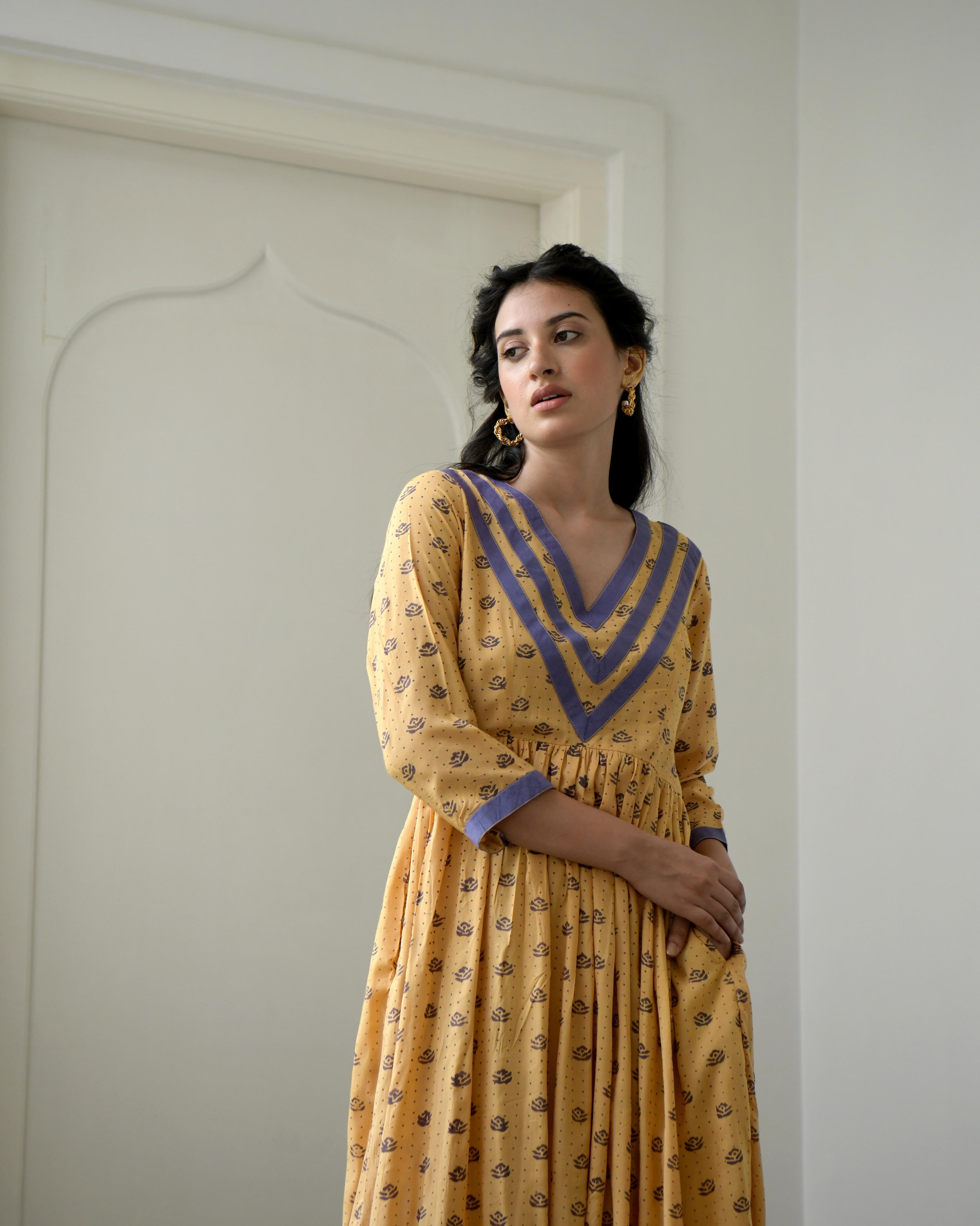 Yellow Printed Midi Dress by Taro with Evening Wear, Gulzar by Taro, July Sale, July Sale 2023, Midi Dresses, Modal silk, Natural, Prints, Regular Fit, Womenswear, Yellow at Kamakhyaa for sustainable fashion