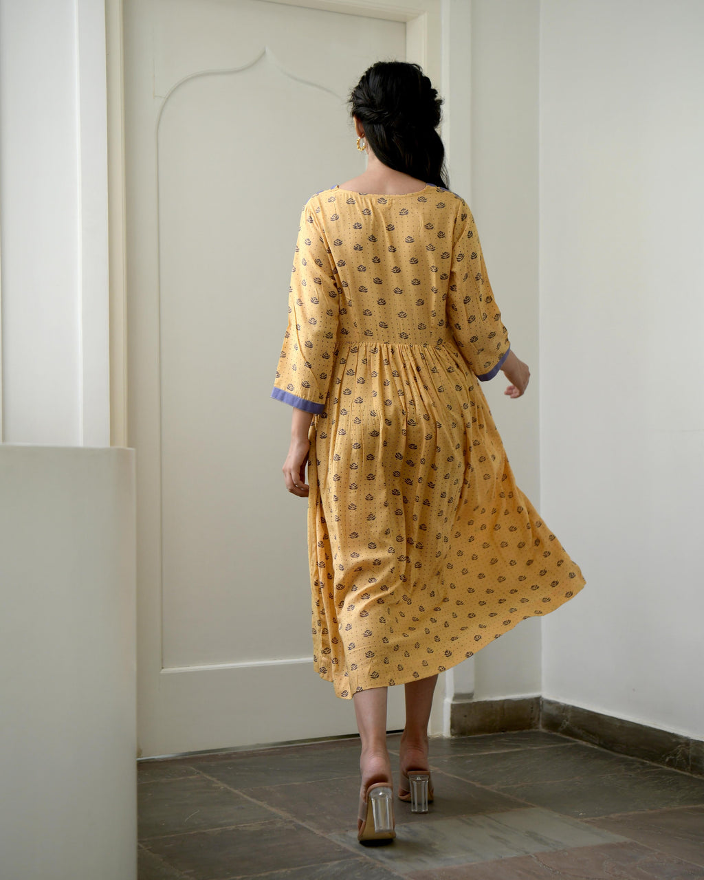 Yellow Printed Midi Dress by Taro with Evening Wear, Gulzar by Taro, July Sale, July Sale 2023, Midi Dresses, Modal silk, Natural, Prints, Regular Fit, Womenswear, Yellow at Kamakhyaa for sustainable fashion