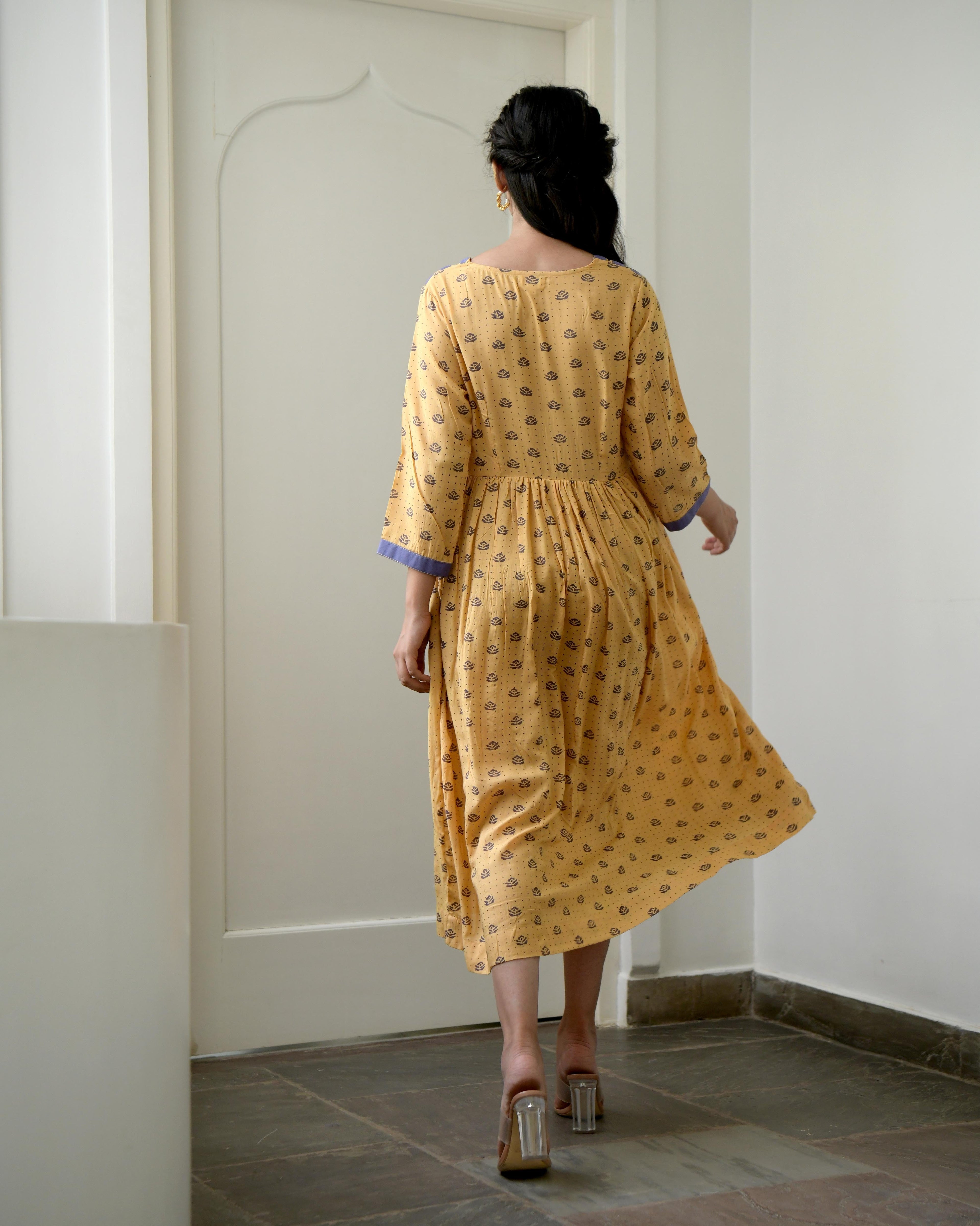 Yellow Printed Midi Dress by Taro with Evening Wear, Gulzar by Taro, July Sale, July Sale 2023, Midi Dresses, Modal silk, Natural, Prints, Regular Fit, Womenswear, Yellow at Kamakhyaa for sustainable fashion