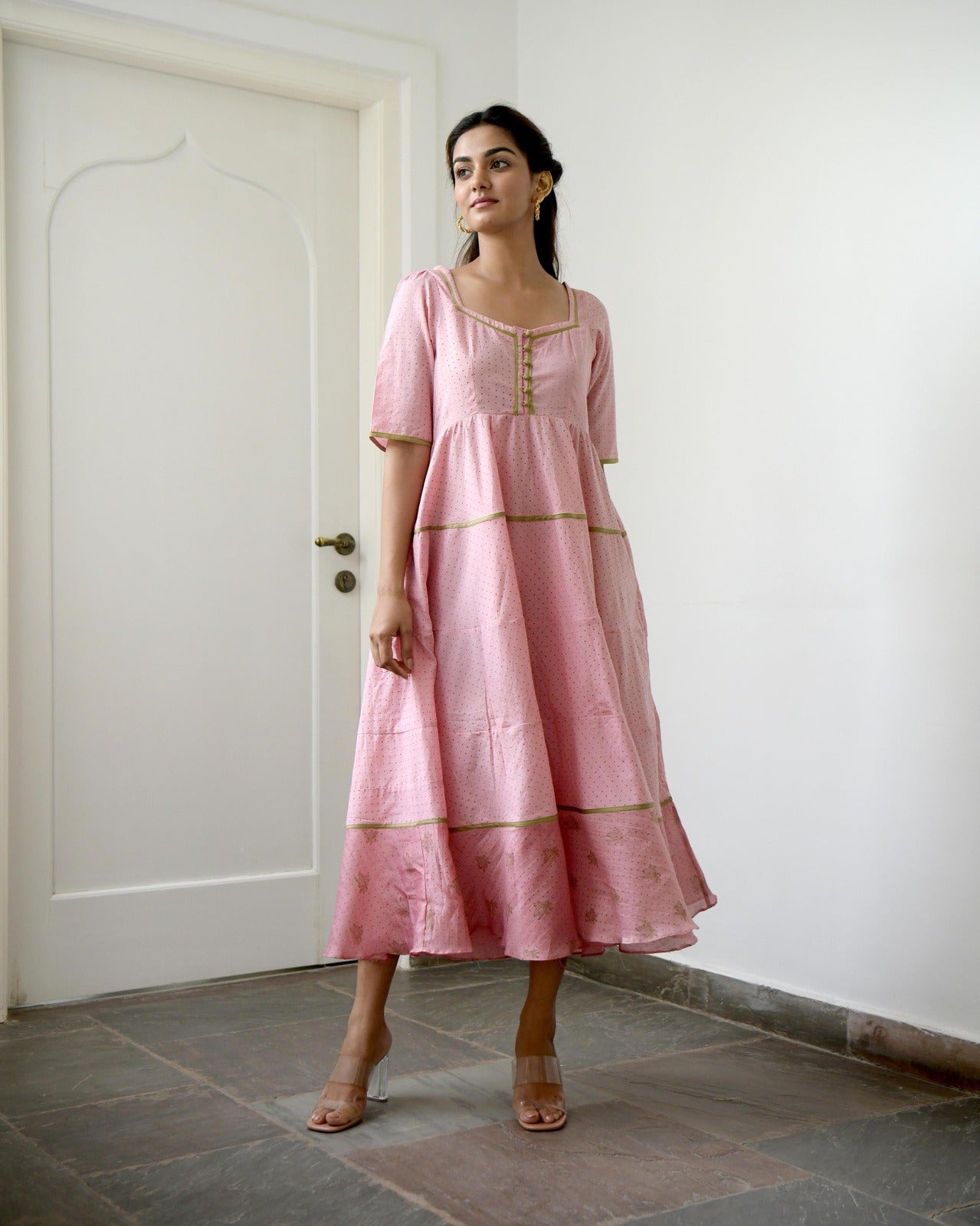Pink Chanderi Silk Tiered Dress by Taro with Evening Wear, Gulzar by Taro, Handwoven Chanderi Silk, Handwoven Cotton Silk, July Sale, July Sale 2023, Kurtas, Natural, Pink, Prints, Relaxed Fit, Silk Chanderi, Tiered Dresses, Womenswear at Kamakhyaa for sustainable fashion