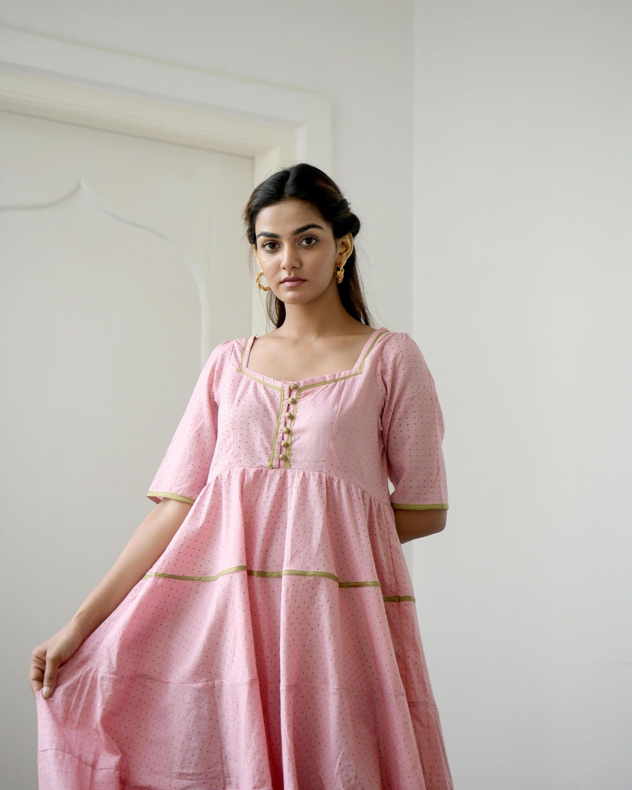 Pink Chanderi Silk Tiered Dress by Taro with Evening Wear, Gulzar by Taro, Handwoven Chanderi Silk, Handwoven Cotton Silk, July Sale, July Sale 2023, Kurtas, Natural, Pink, Prints, Relaxed Fit, Silk Chanderi, Tiered Dresses, Womenswear at Kamakhyaa for sustainable fashion