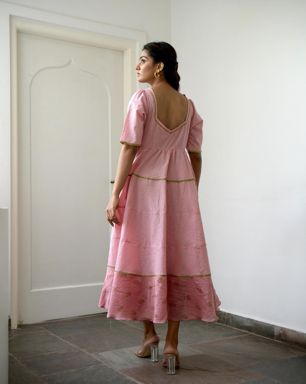 Pink Chanderi Silk Tiered Dress by Taro with Evening Wear, Gulzar by Taro, Handwoven Chanderi Silk, Handwoven Cotton Silk, July Sale, July Sale 2023, Kurtas, Natural, Pink, Prints, Relaxed Fit, Silk Chanderi, Tiered Dresses, Womenswear at Kamakhyaa for sustainable fashion