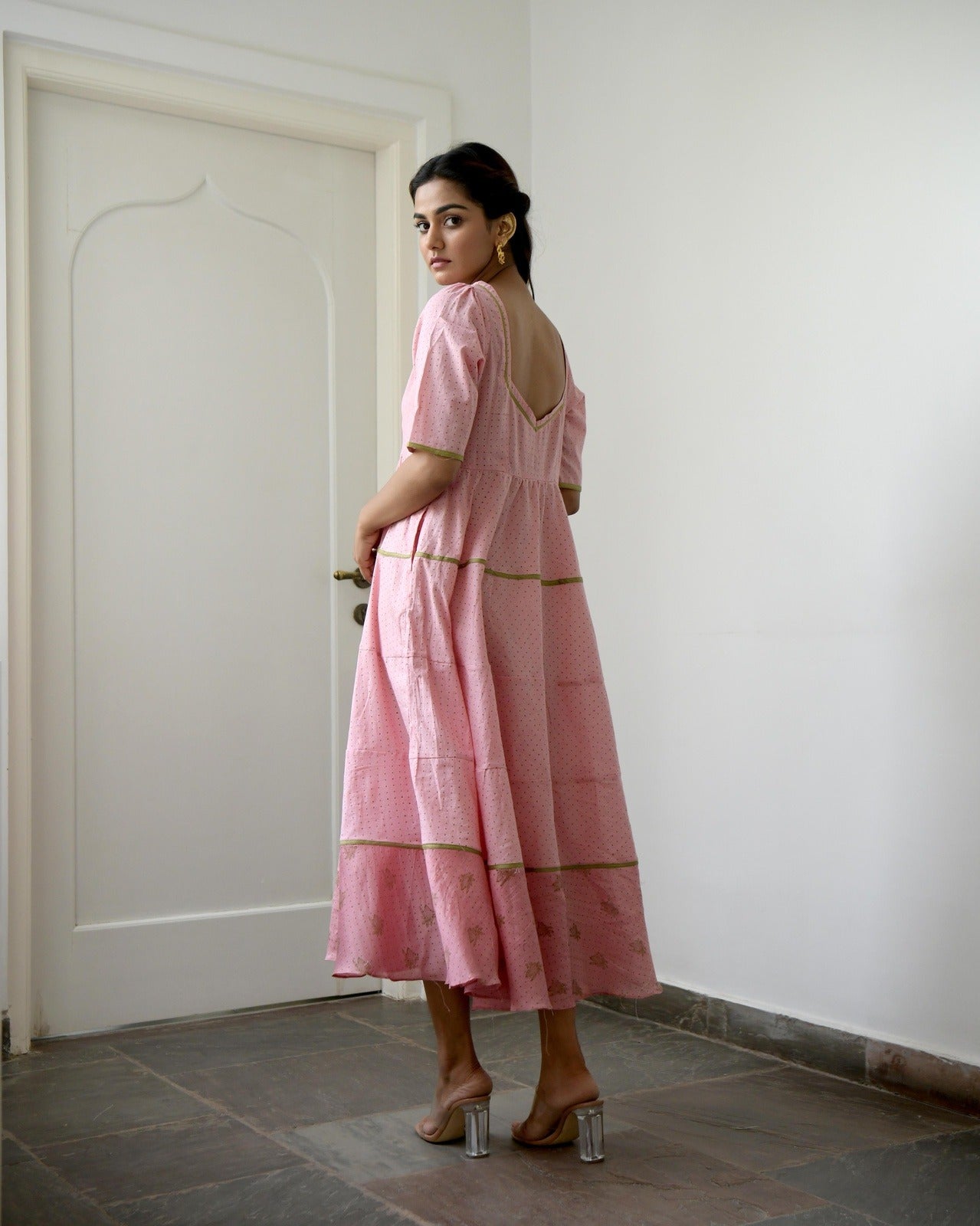 Pink Chanderi Silk Tiered Dress by Taro with Evening Wear, Gulzar by Taro, Handwoven Chanderi Silk, Handwoven Cotton Silk, July Sale, July Sale 2023, Kurtas, Natural, Pink, Prints, Relaxed Fit, Silk Chanderi, Tiered Dresses, Womenswear at Kamakhyaa for sustainable fashion