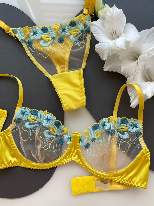 Yellow Lingerie Set by Angie's Showroom with Black, Bras, Intimate Wear, Lace, Lingerie Set, Natural, Regular Fit, Satin, Silk, underwear, Womenswear, Yellow at Kamakhyaa for sustainable fashion