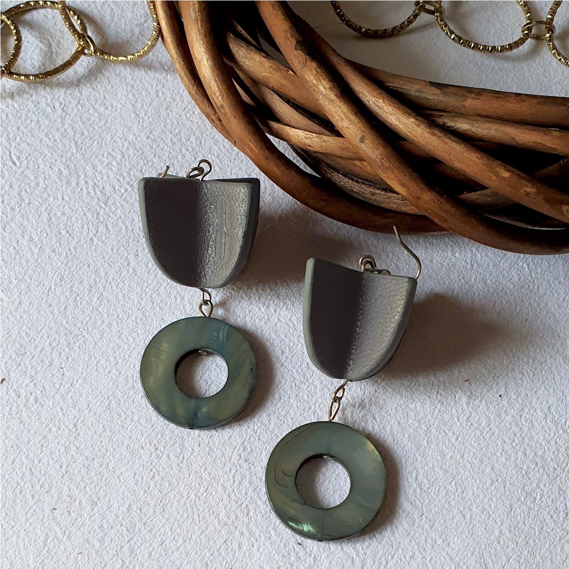 Danglers Patina by Noupelle with Casual Wear, Danglers, Fashion Jewellery, Free Size, Grey, Less than $50, Short Earrings, Upcycled, Upcycled from Leather Waste, Women Led Designer at Kamakhyaa for sustainable fashion