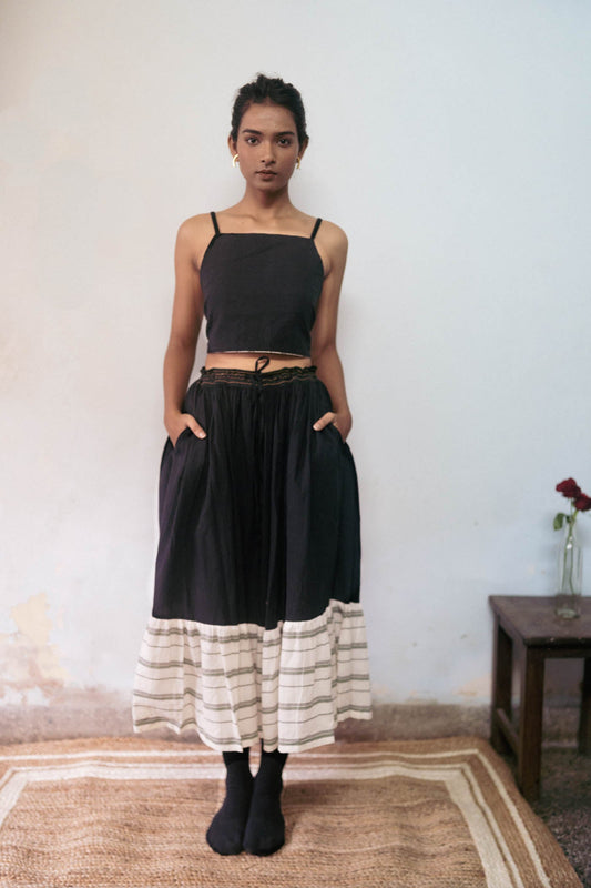Black And White Cotton Skirt by Deeta Clothing with Black, Casual Wear, Handwoven Cotton, Midi Skirts, Natural with azo dyes, Relaxed Fit, Shibui AW22, Skirts, Solids, White, Womenswear at Kamakhyaa for sustainable fashion