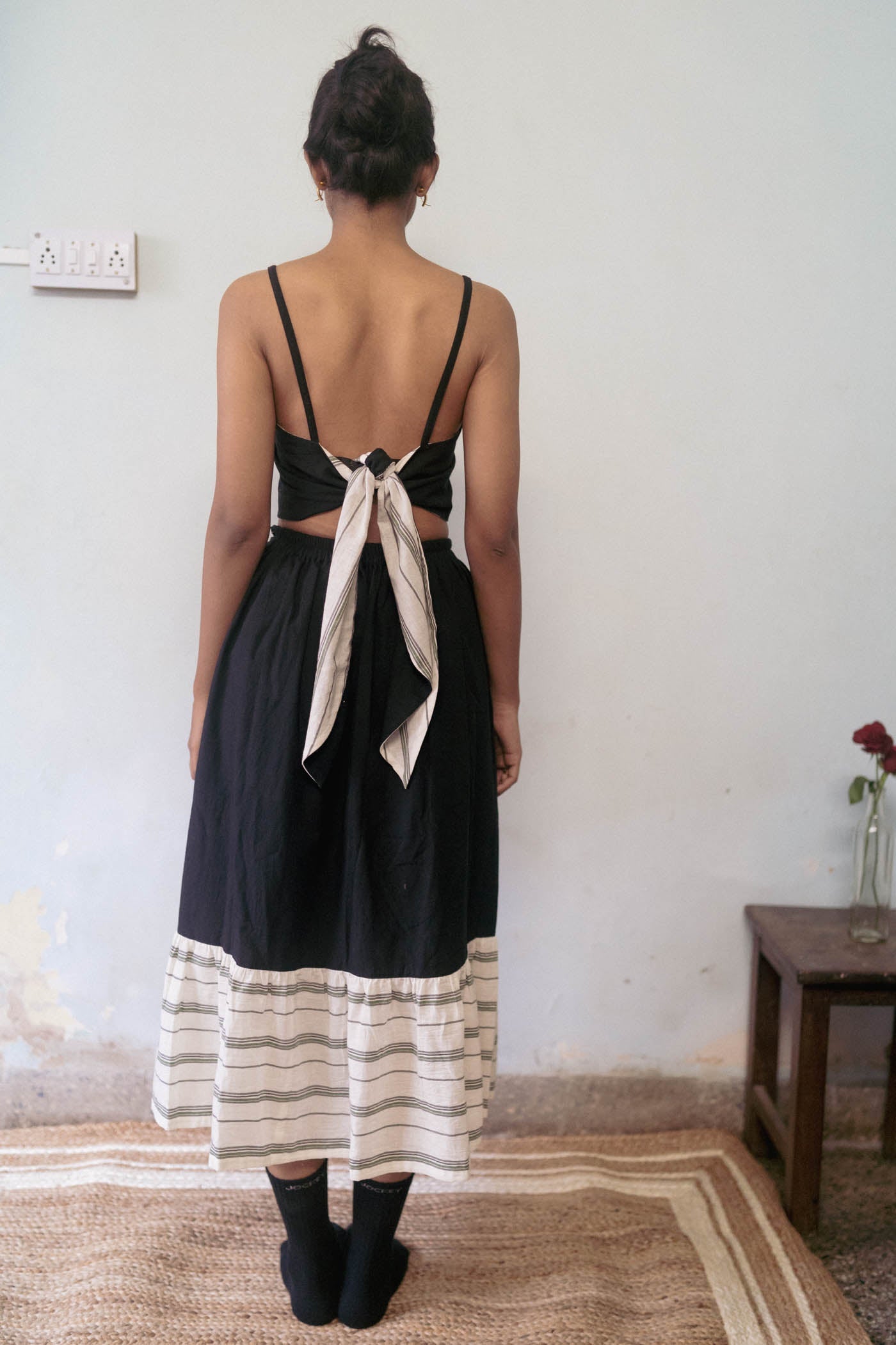 Black And White Cotton Skirt by Deeta Clothing with Black, Casual Wear, Handwoven Cotton, Midi Skirts, Natural with azo dyes, Relaxed Fit, Shibui AW22, Skirts, Solids, White, Womenswear at Kamakhyaa for sustainable fashion