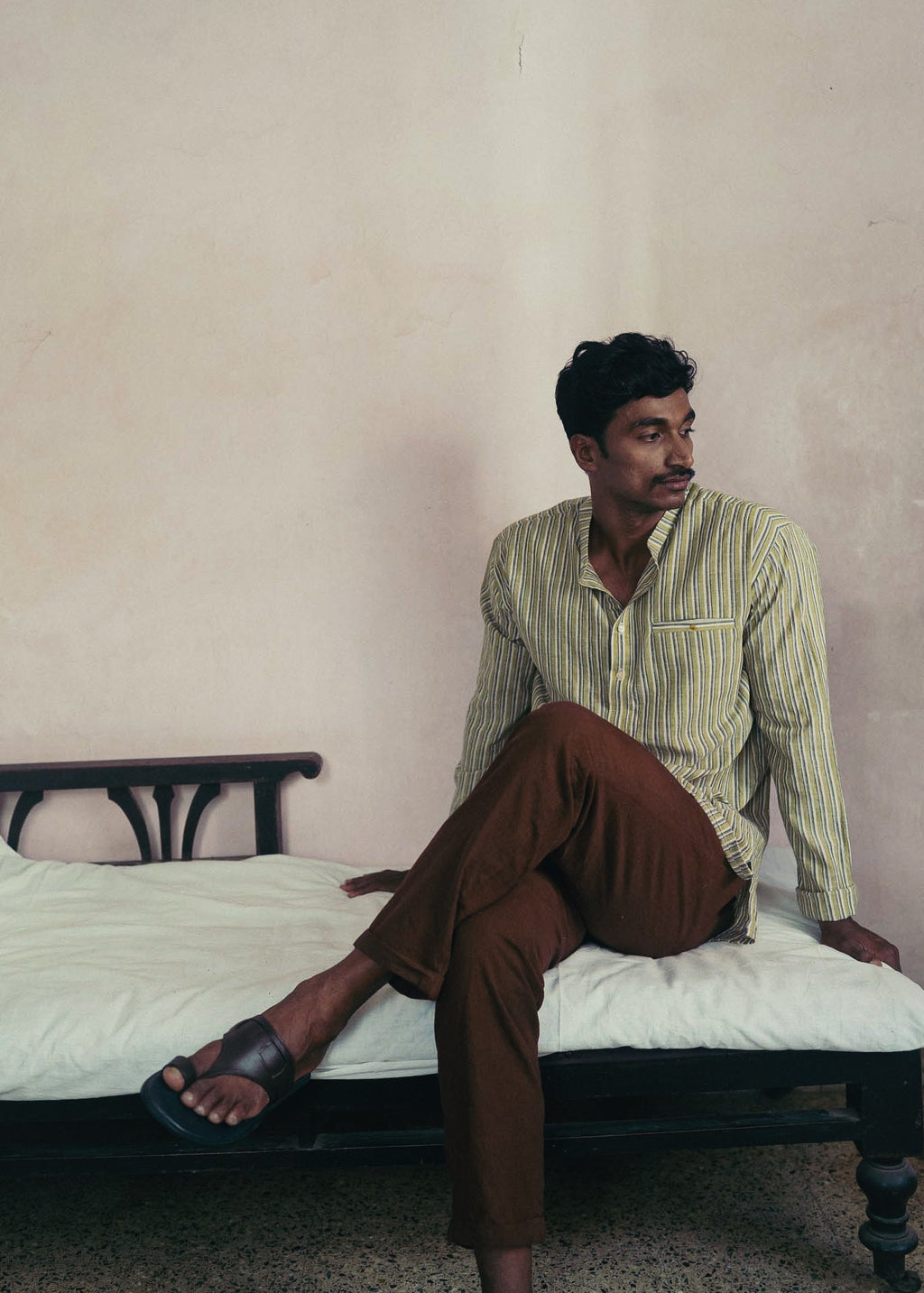 Green And Brown Cotton Kurta by Deeta Clothing with Brown, Casual Wear, Green, Handwoven Cotton, Kurtas, Menswear, Natural with azo dyes, Relaxed Fit, Shibui AW22, Stripes, Tops at Kamakhyaa for sustainable fashion