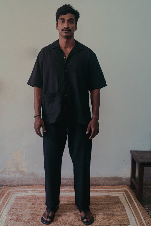 Black Co-ord Set by Deeta Clothing with Black, Casual Wear, Co-ord Sets, Handwoven Cotton, Lines, Mens Co-ords, Menswear, Natural with azo dyes, Relaxed Fit, Shibui AW22 at Kamakhyaa for sustainable fashion