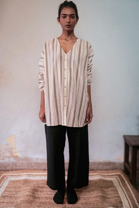 Black And White Casual Shirt by Deeta Clothing with Black, Casual Wear, Handwoven Cotton, Natural with azo dyes, Relaxed Fit, Shibui AW22, Shirts, Solids, White, Womenswear at Kamakhyaa for sustainable fashion