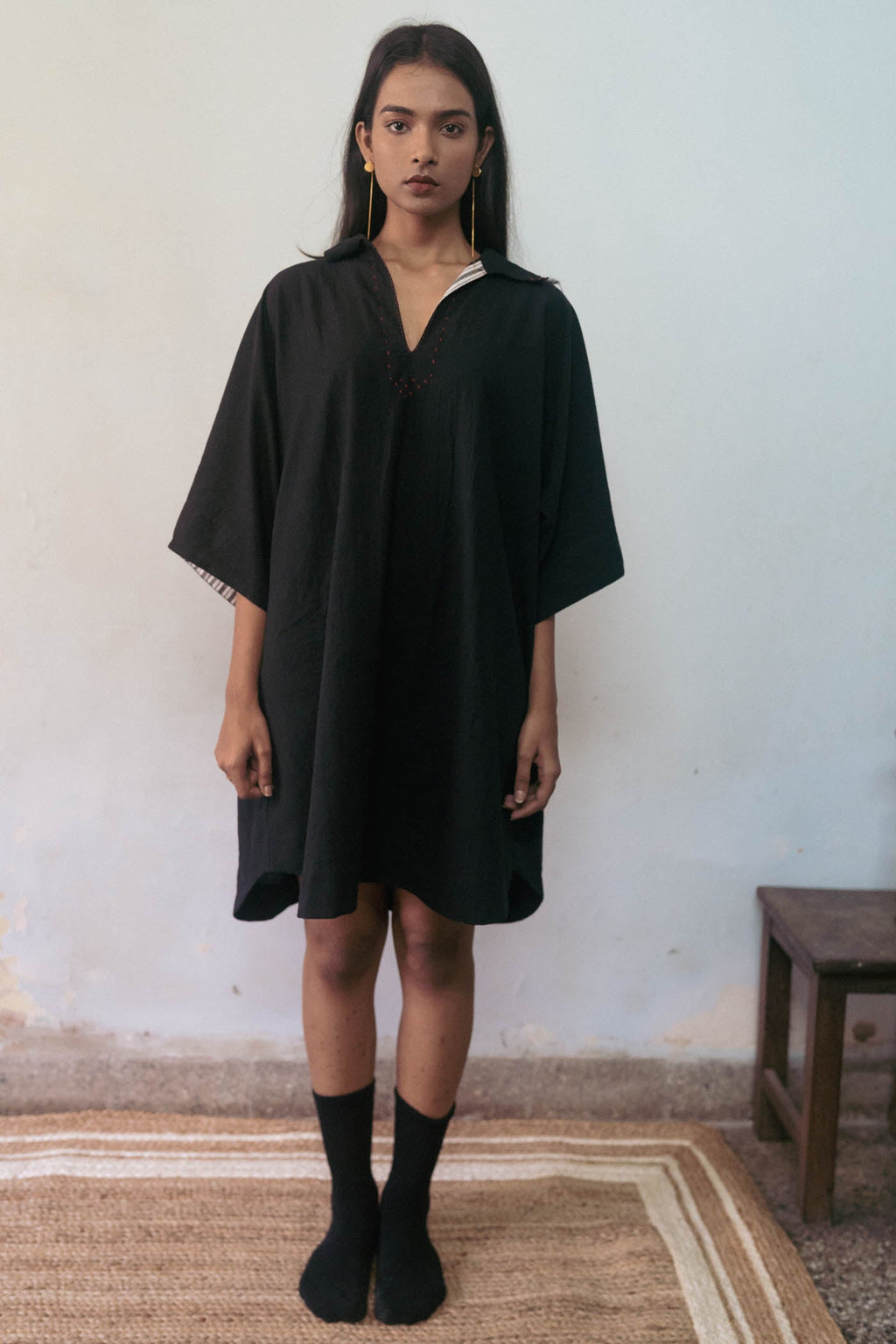 Black Tunic by Deeta Clothing with Black, Casual Wear, Handwoven Cotton, Mini Dresses, Natural with azo dyes, Relaxed Fit, Shibui AW22, Shirt Dresses, Womenswear at Kamakhyaa for sustainable fashion