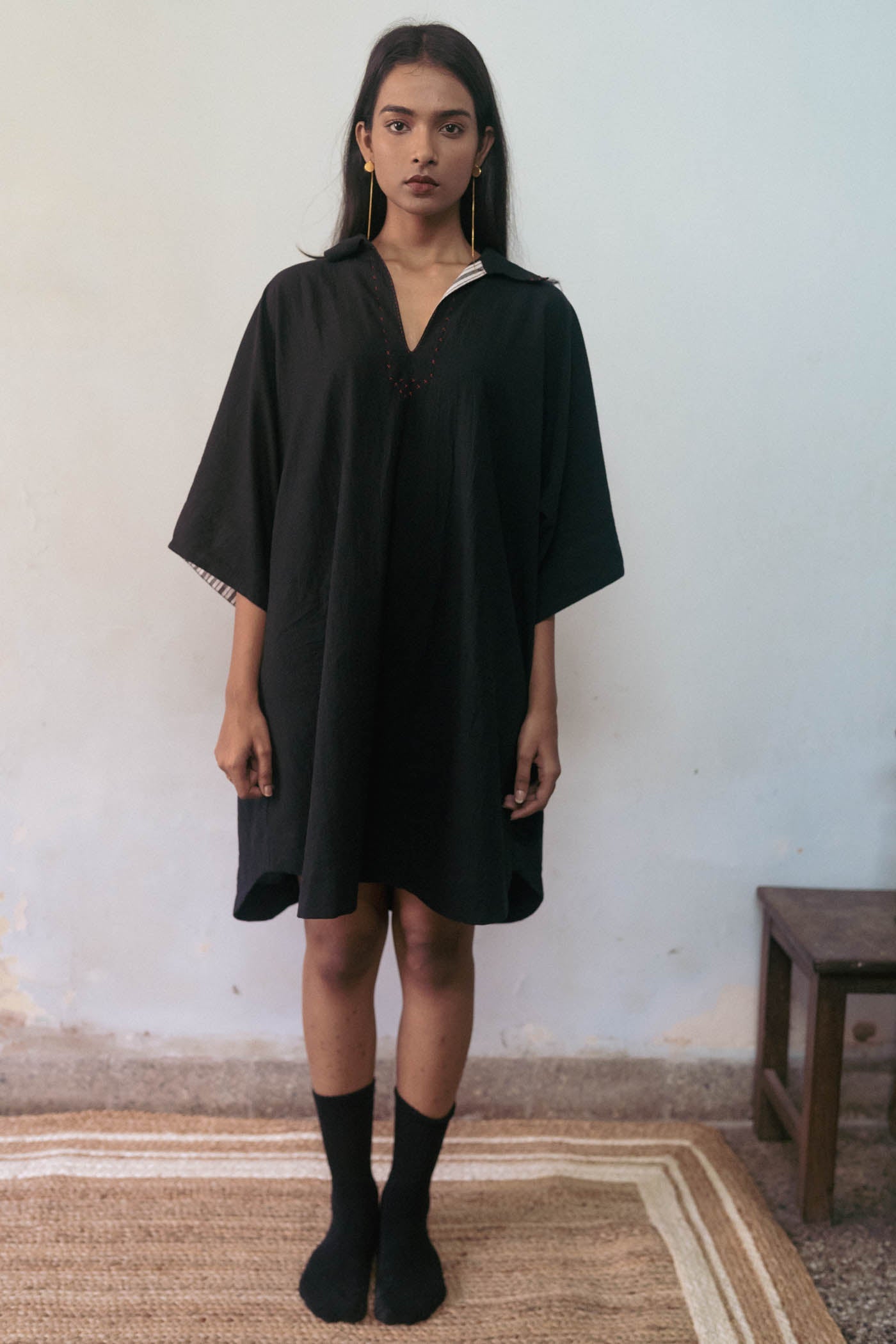 Black Tunic by Deeta Clothing with Black, Casual Wear, Handwoven Cotton, Mini Dresses, Natural with azo dyes, Relaxed Fit, Shibui AW22, Shirt Dresses, Womenswear at Kamakhyaa for sustainable fashion
