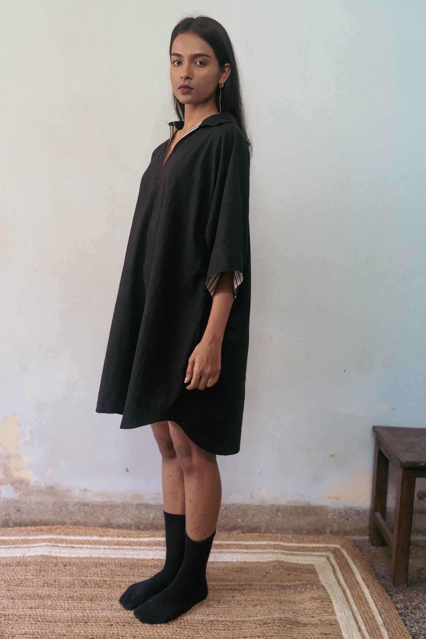 Black Tunic by Deeta Clothing with Black, Casual Wear, Handwoven Cotton, Mini Dresses, Natural with azo dyes, Relaxed Fit, Shibui AW22, Shirt Dresses, Womenswear at Kamakhyaa for sustainable fashion
