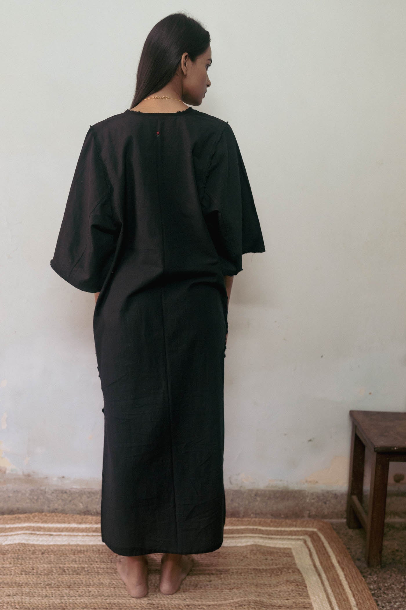 Black Cotton Dress by Deeta Clothing with Black, Casual Wear, Handwoven Cotton, Kaftan Dresses, Kaftans, Maxi Dresses, Natural with azo dyes, Relaxed Fit, Shibui AW22, Solids, Womenswear at Kamakhyaa for sustainable fashion