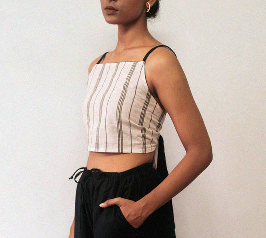Black And White Reversible Top by Deeta Clothing with Black, Casual Wear, Crop Tops, Fitted, For Siblings, Handwoven Cotton, Lines, Natural with azo dyes, Reversible, Shibui AW22, Solids, White, Womenswear at Kamakhyaa for sustainable fashion