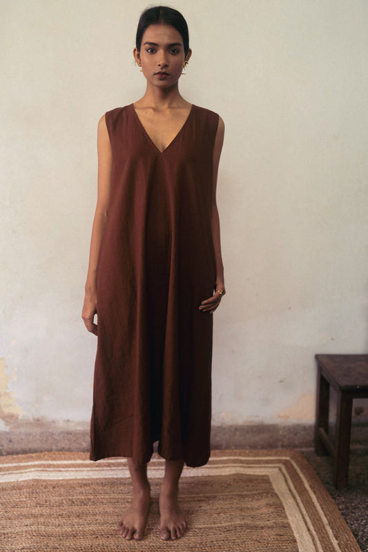 Brown Flowy Midi Dress by Deeta Clothing with Brown, Casual Wear, Dresses, fall, Handwoven Cotton, Midi Dresses, Natural with azo dyes, Relaxed Fit, Shibui AW22, Sleeveless Dresses, Solids, Womenswear at Kamakhyaa for sustainable fashion