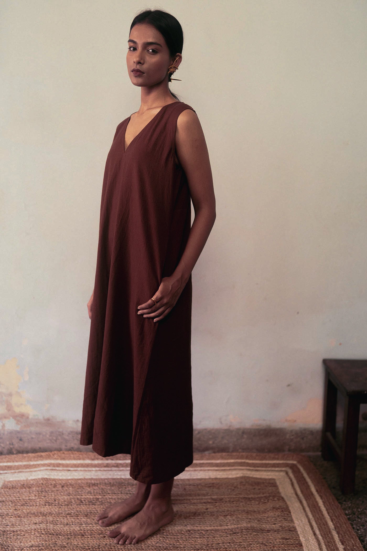 Brown Flowy Midi Dress by Deeta Clothing with Brown, Casual Wear, Dresses, fall, Handwoven Cotton, Midi Dresses, Natural with azo dyes, Relaxed Fit, Shibui AW22, Sleeveless Dresses, Solids, Womenswear at Kamakhyaa for sustainable fashion