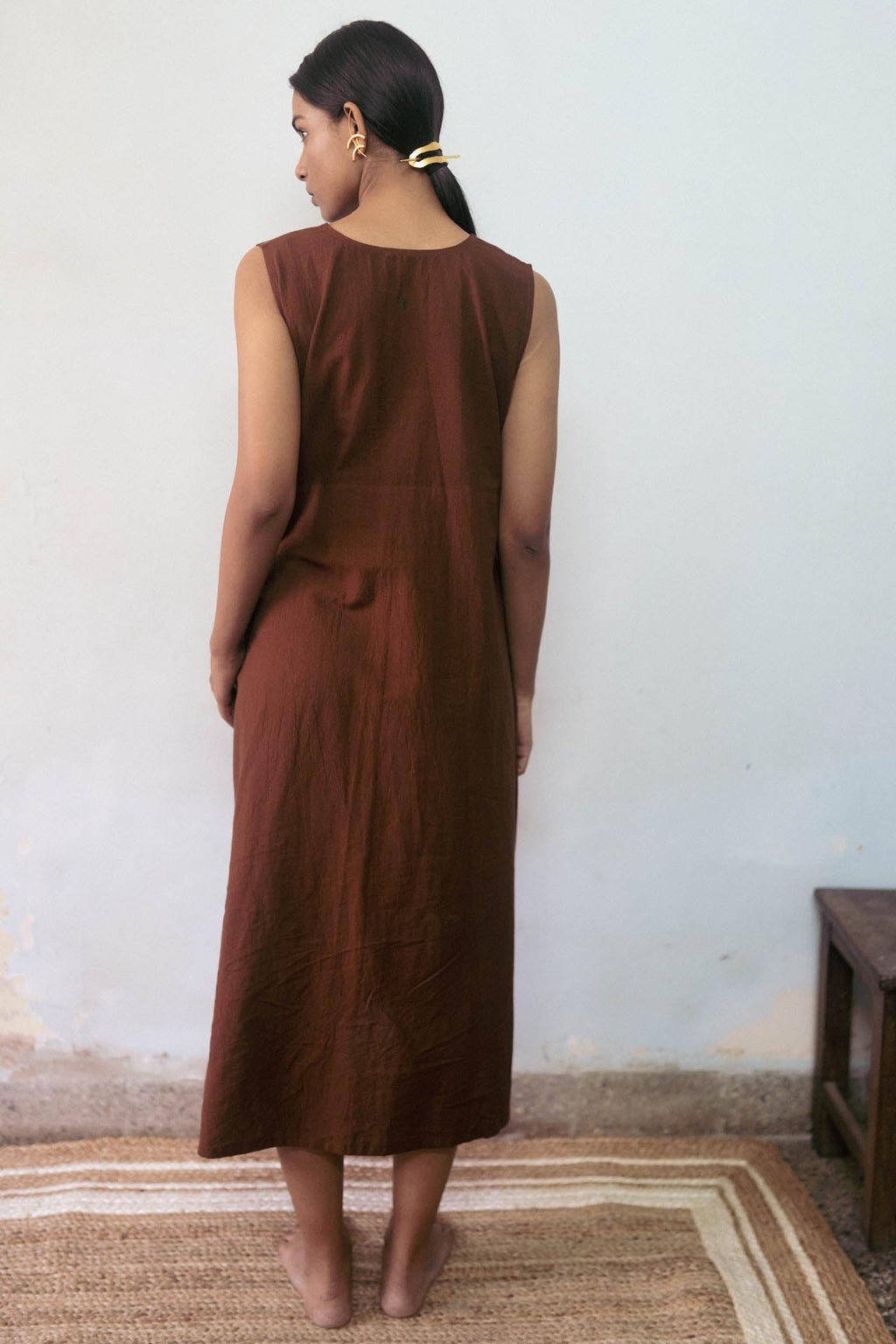 Brown Flowy Midi Dress by Deeta Clothing with Brown, Casual Wear, Dresses, fall, Handwoven Cotton, Midi Dresses, Natural with azo dyes, Relaxed Fit, Shibui AW22, Sleeveless Dresses, Solids, Womenswear at Kamakhyaa for sustainable fashion