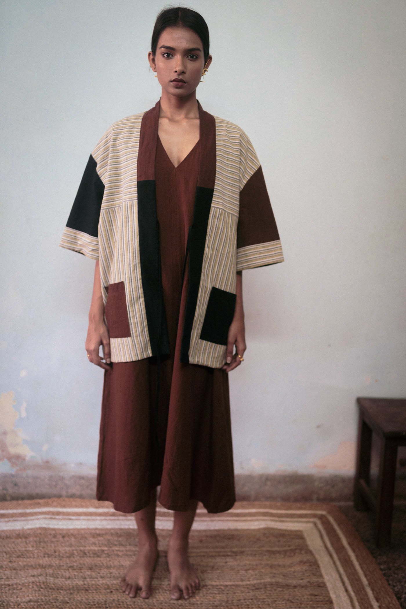 Black And Brown Reversible Jacket by Deeta Clothing with Black, Brown, Casual Wear, Handwoven Cotton, Jackets, Natural with azo dyes, Relaxed Fit, Reversible, Shibui AW22, Stripes, Womenswear at Kamakhyaa for sustainable fashion