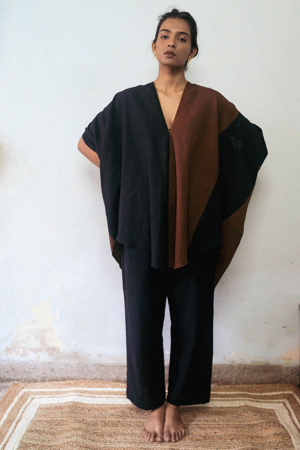 Patchwork Brown Dress by Deeta Clothing with Black, Brown, Casual Wear, Fall, Handwoven Cotton, Kaftans, Mini Dresses, Natural with azo dyes, Relaxed Fit, Shibui AW22, Solids, Womenswear at Kamakhyaa for sustainable fashion