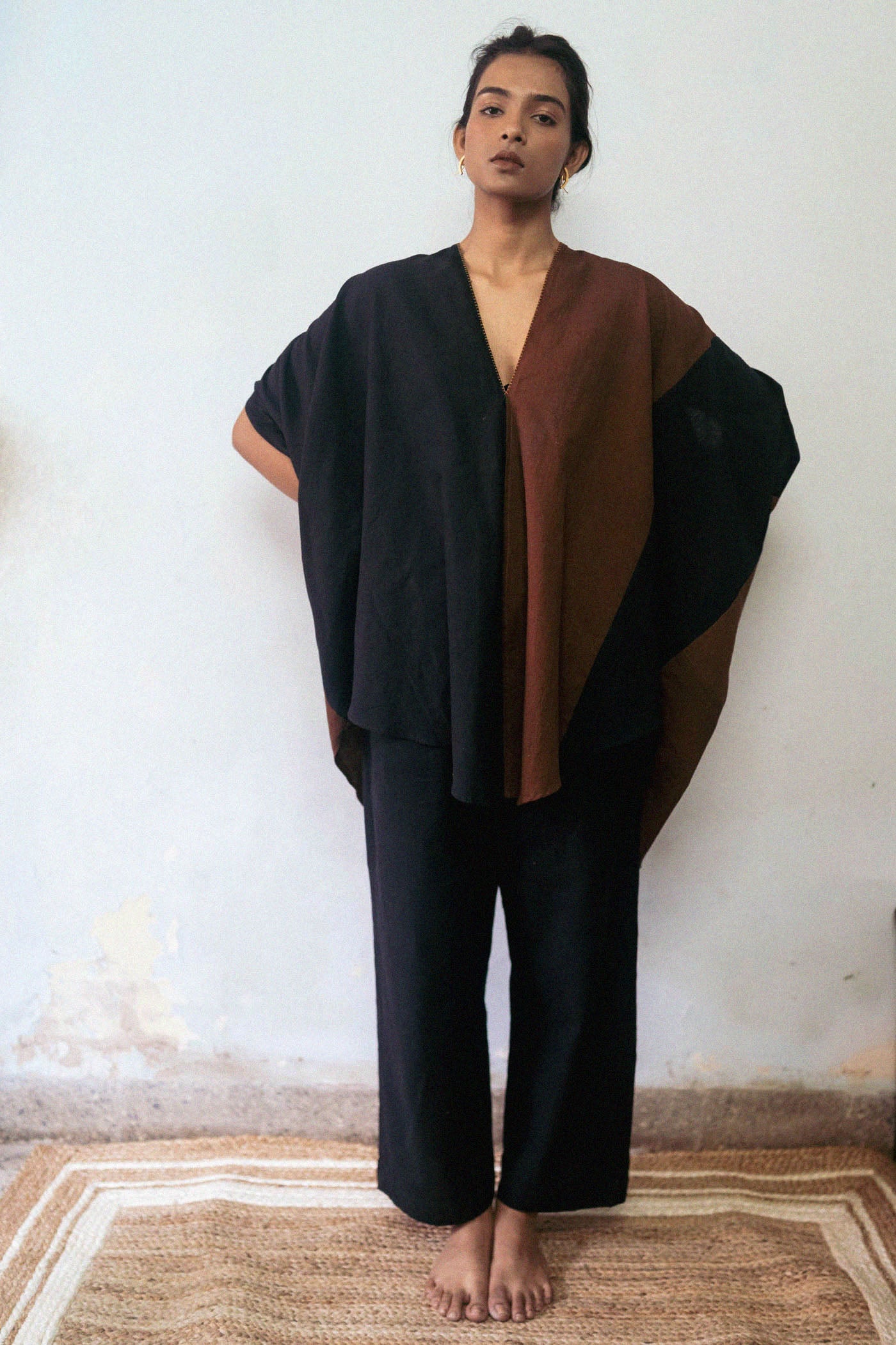 Patchwork Brown Dress by Deeta Clothing with Black, Brown, Casual Wear, Fall, Handwoven Cotton, Kaftans, Mini Dresses, Natural with azo dyes, Relaxed Fit, Shibui AW22, Solids, Womenswear at Kamakhyaa for sustainable fashion