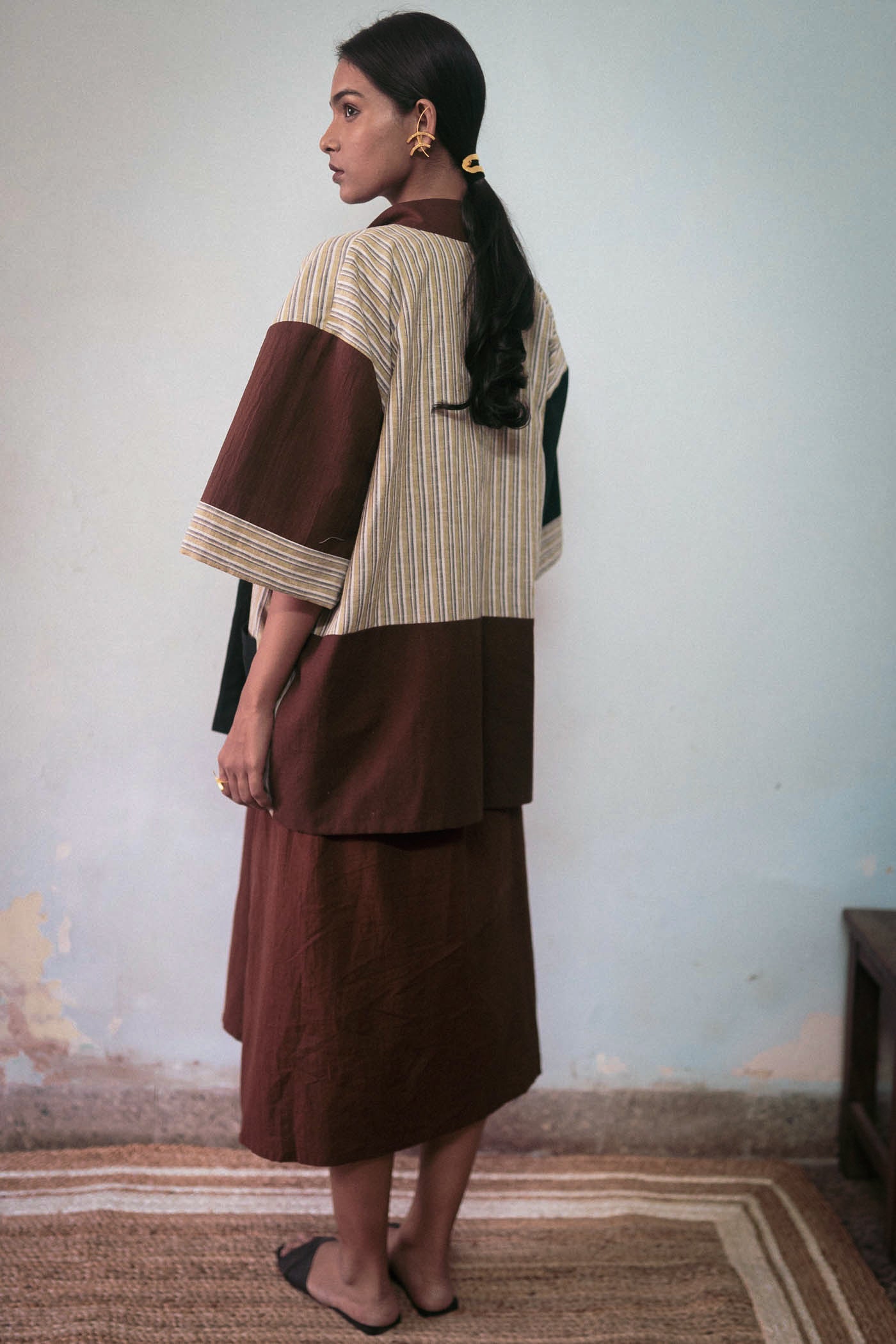 Black And Brown Reversible Jacket by Deeta Clothing with Black, Brown, Casual Wear, Handwoven Cotton, Jackets, Natural with azo dyes, Relaxed Fit, Reversible, Shibui AW22, Stripes, Womenswear at Kamakhyaa for sustainable fashion