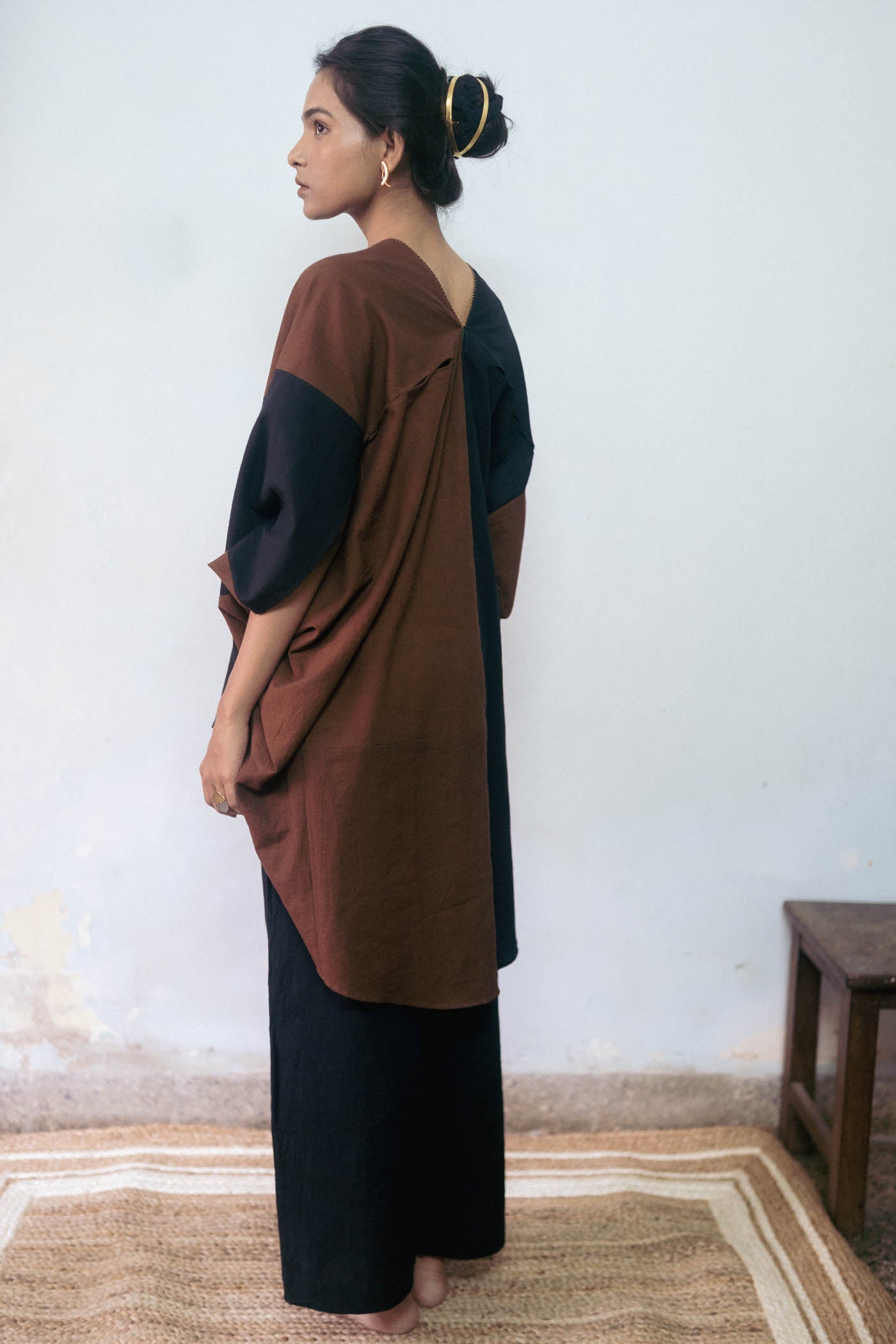 Patchwork Brown Dress by Deeta Clothing with Black, Brown, Casual Wear, Fall, Handwoven Cotton, Kaftans, Mini Dresses, Natural with azo dyes, Relaxed Fit, Shibui AW22, Solids, Womenswear at Kamakhyaa for sustainable fashion