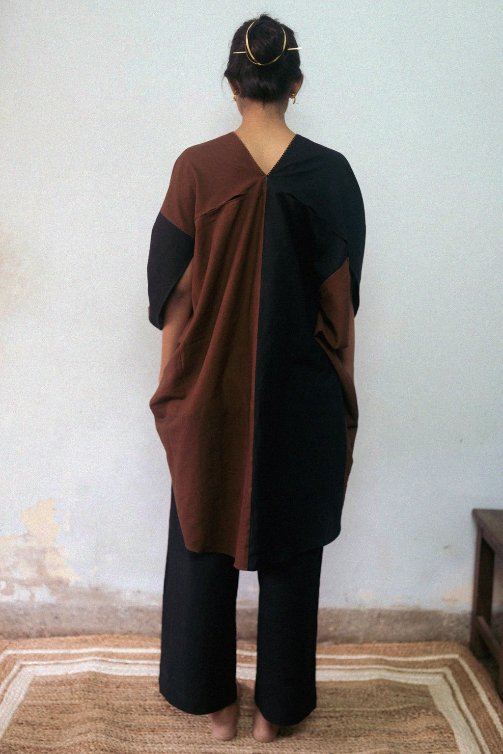 Patchwork Brown Dress by Deeta Clothing with Black, Brown, Casual Wear, Fall, Handwoven Cotton, Kaftans, Mini Dresses, Natural with azo dyes, Relaxed Fit, Shibui AW22, Solids, Womenswear at Kamakhyaa for sustainable fashion