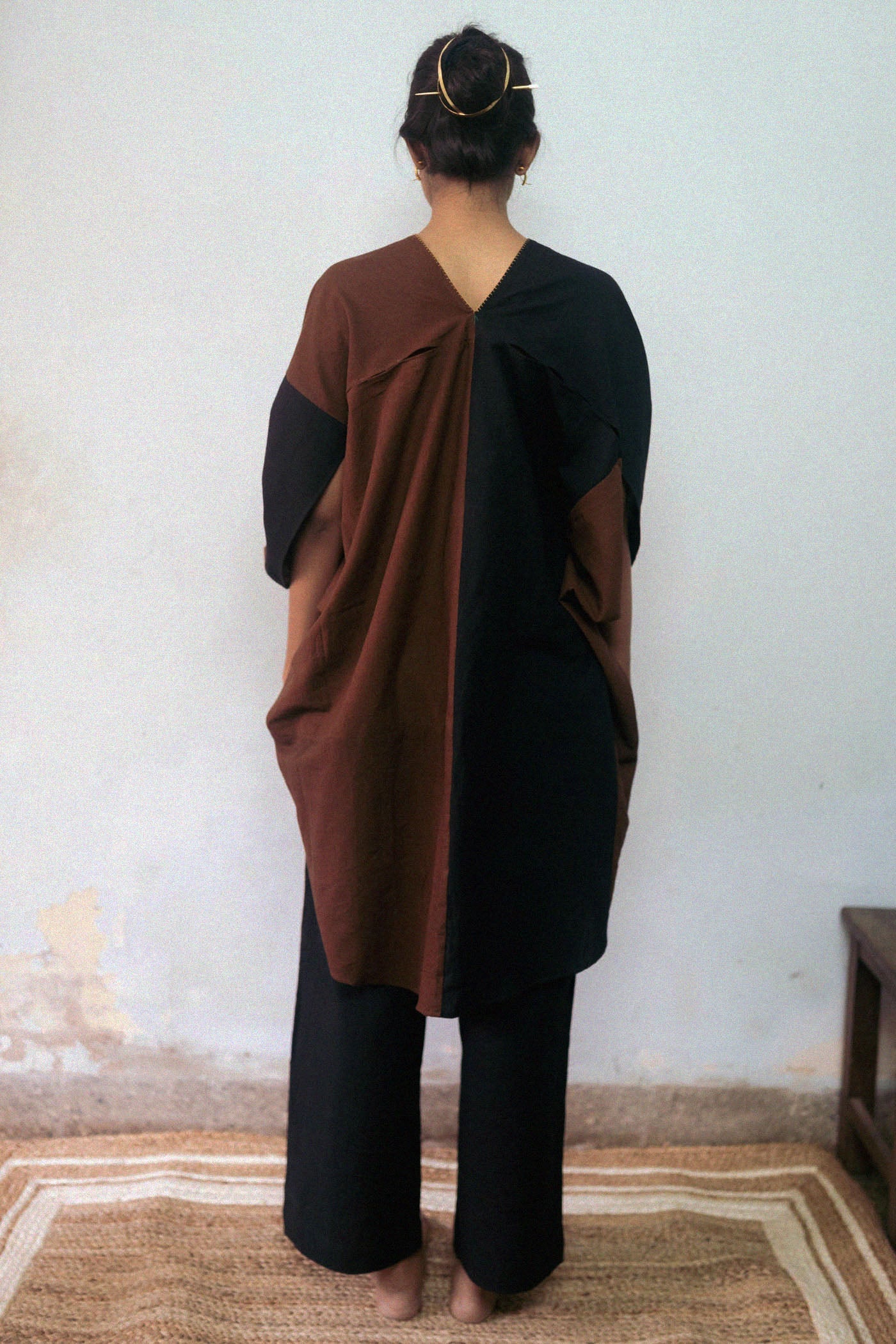 Patchwork Brown Dress by Deeta Clothing with Black, Brown, Casual Wear, Fall, Handwoven Cotton, Kaftans, Mini Dresses, Natural with azo dyes, Relaxed Fit, Shibui AW22, Solids, Womenswear at Kamakhyaa for sustainable fashion