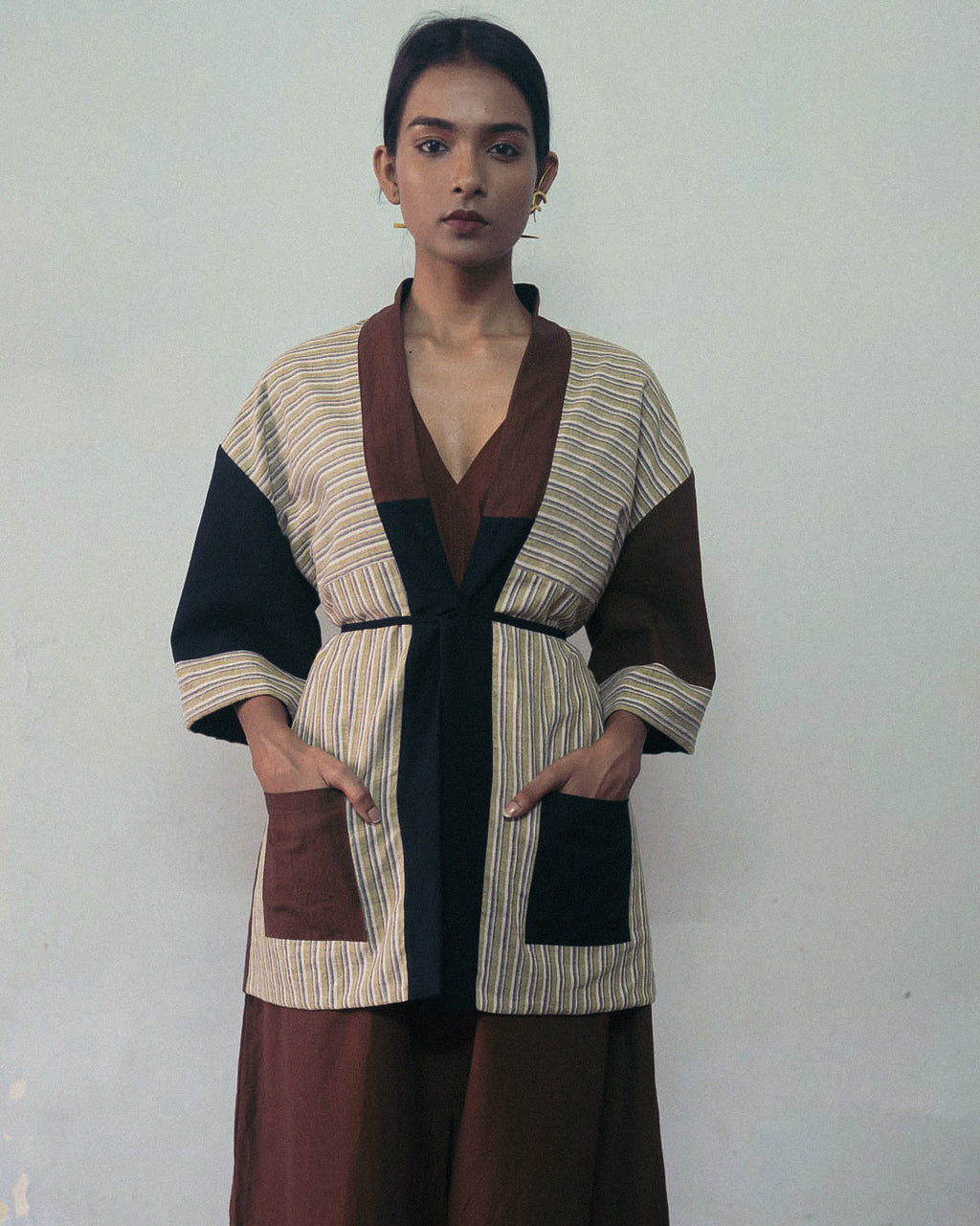 Black And Brown Reversible Jacket by Deeta Clothing with Black, Brown, Casual Wear, Handwoven Cotton, Jackets, Natural with azo dyes, Relaxed Fit, Reversible, Shibui AW22, Stripes, Womenswear at Kamakhyaa for sustainable fashion