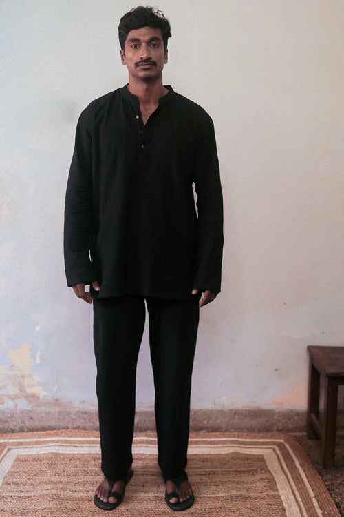 Black Cotton Kurta by Deeta Clothing with Black, Casual Wear, For Anniversary, Handwoven Cotton, Kurtas, Lines, Menswear, Natural with azo dyes, Relaxed Fit, Shibui AW22, Tops at Kamakhyaa for sustainable fashion