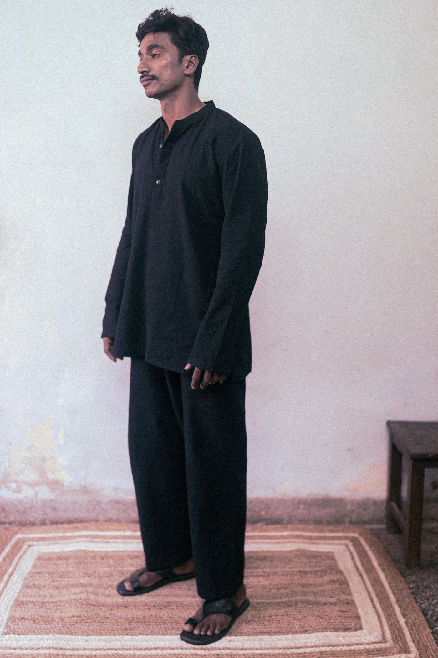 Black Cotton Kurta by Deeta Clothing with Black, Casual Wear, For Anniversary, Handwoven Cotton, Kurtas, Lines, Menswear, Natural with azo dyes, Relaxed Fit, Shibui AW22, Tops at Kamakhyaa for sustainable fashion