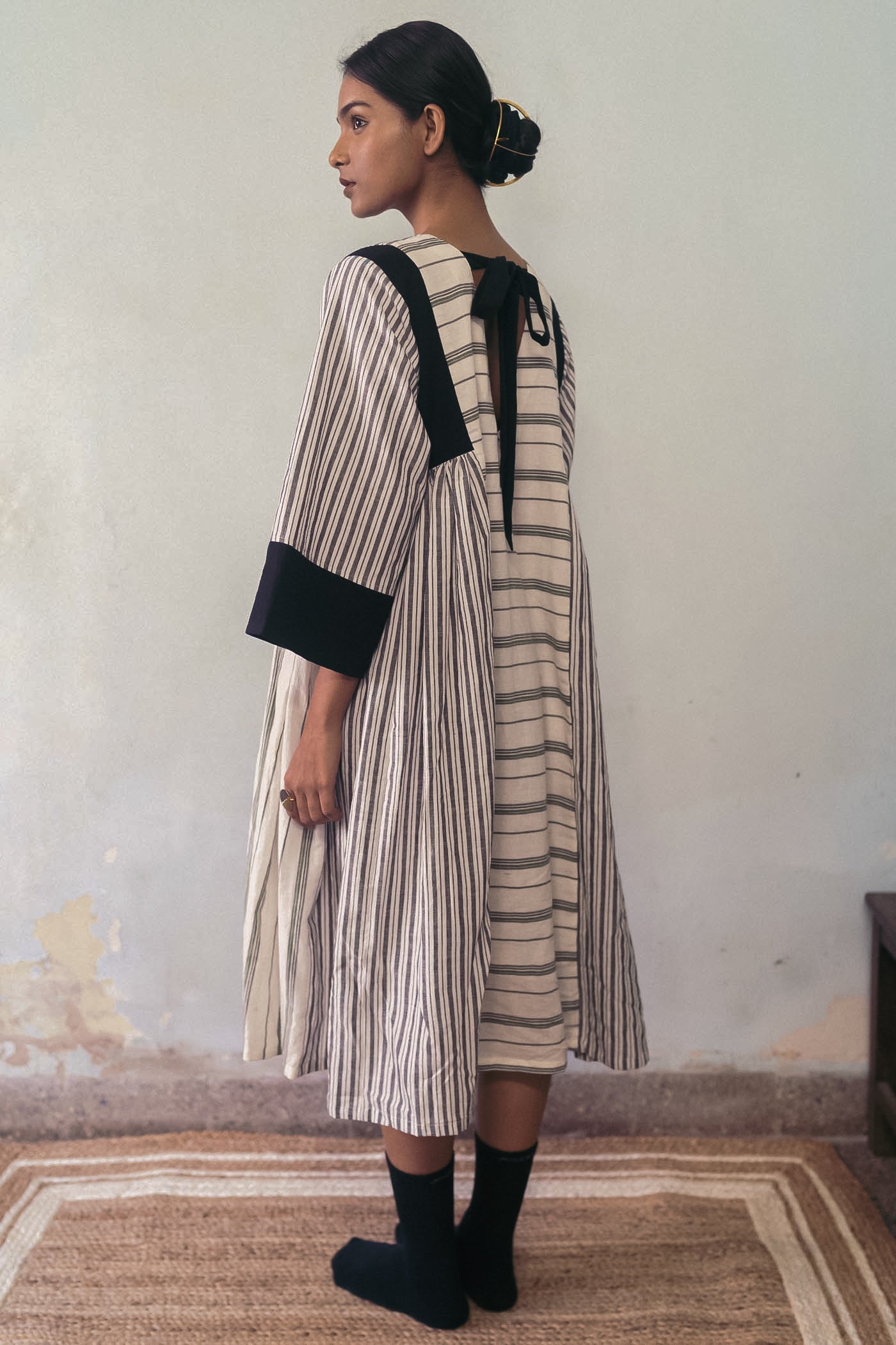 Black And White Midi Dress by Deeta Clothing with Black, Casual Wear, Dresses, Handwoven Cotton, Lines, Midi Dresses, Natural with azo dyes, Relaxed Fit, Shibui AW22, White, Womenswear at Kamakhyaa for sustainable fashion
