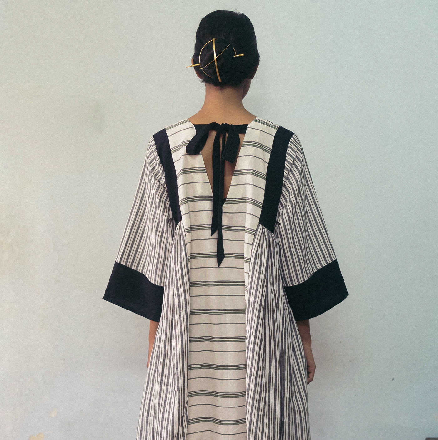 Black And White Midi Dress by Deeta Clothing with Black, Casual Wear, Dresses, Handwoven Cotton, Lines, Midi Dresses, Natural with azo dyes, Relaxed Fit, Shibui AW22, White, Womenswear at Kamakhyaa for sustainable fashion