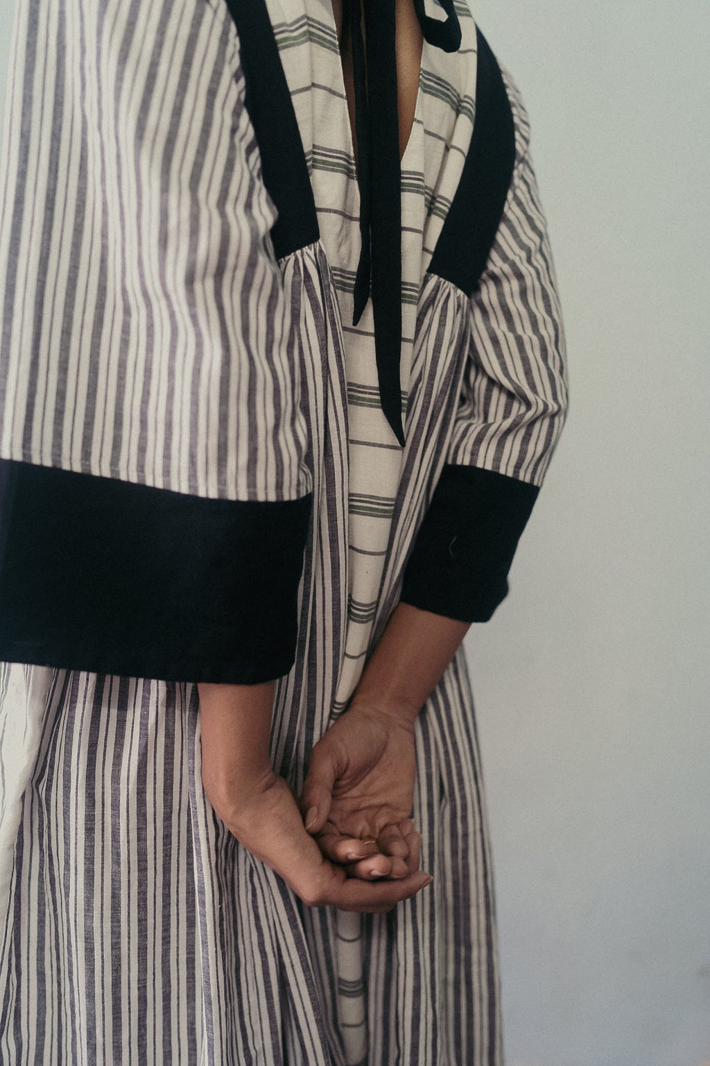 Black And White Midi Dress by Deeta Clothing with Black, Casual Wear, Dresses, Handwoven Cotton, Lines, Midi Dresses, Natural with azo dyes, Relaxed Fit, Shibui AW22, White, Womenswear at Kamakhyaa for sustainable fashion