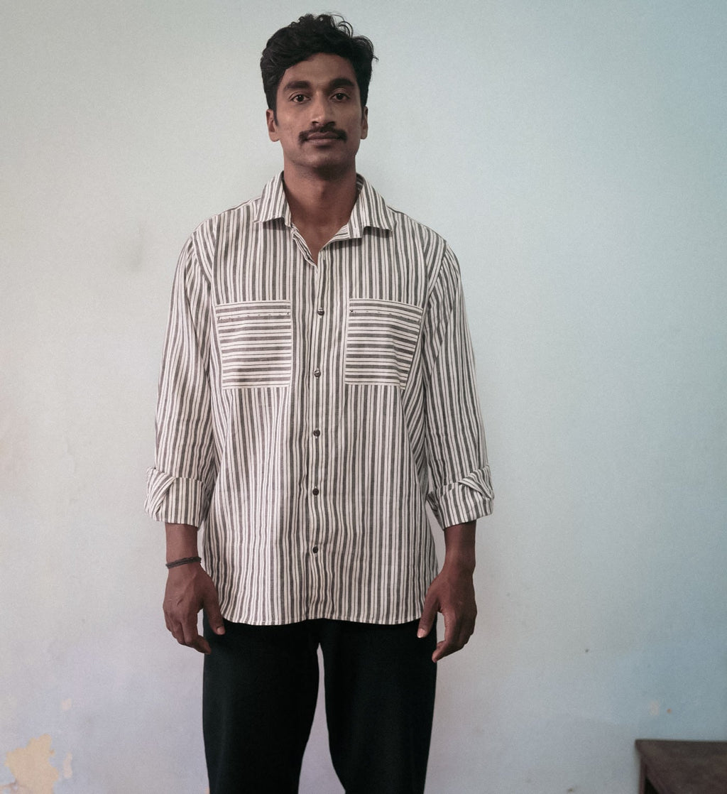Black And White Shirt by Deeta Clothing with Black, Casual Wear, Handwoven Cotton, Menswear, Natural with azo dyes, Relaxed Fit, Shibui AW22, Shirts, Stripes, Tops, White at Kamakhyaa for sustainable fashion