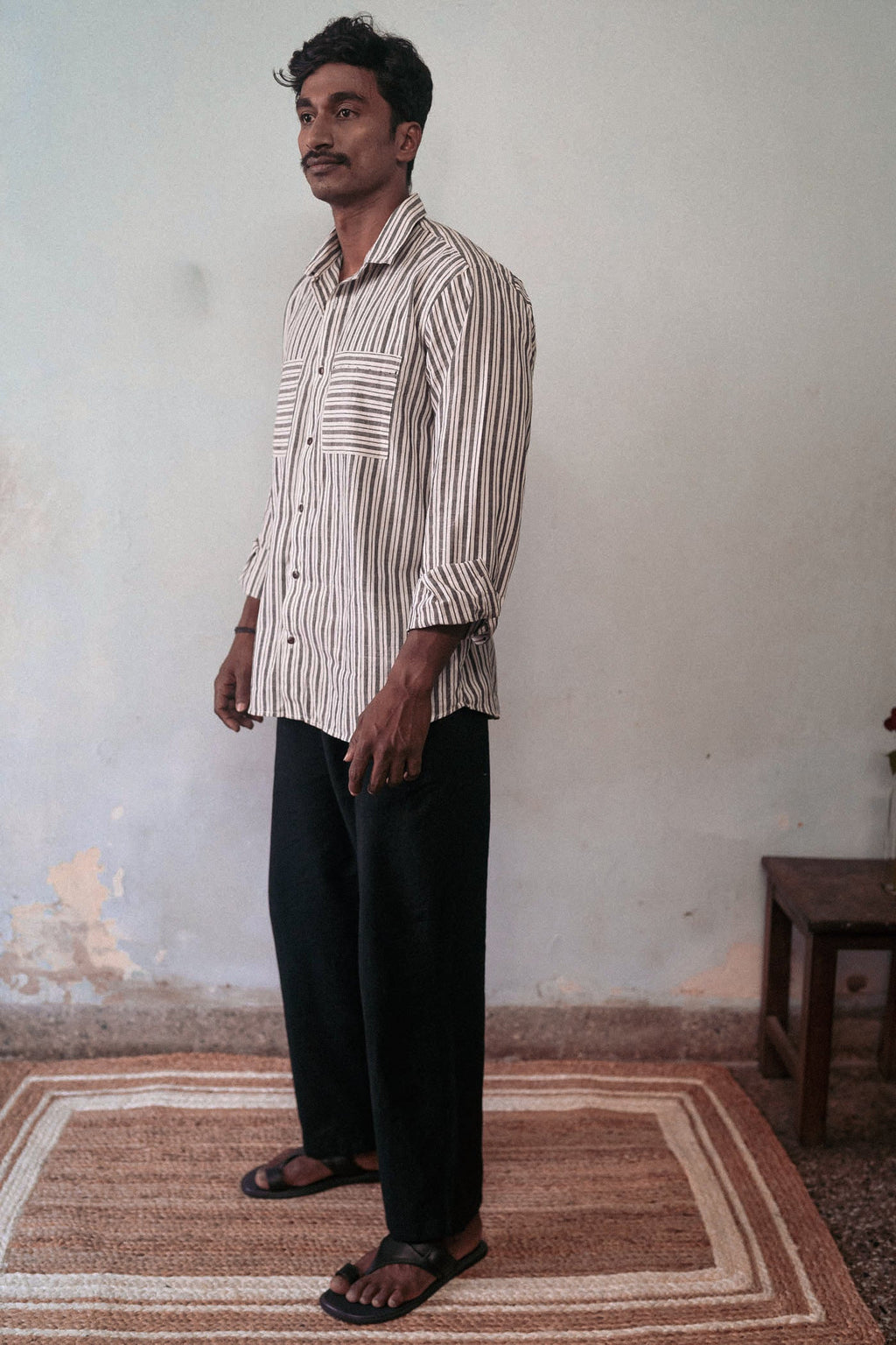 Black And White Shirt by Deeta Clothing with Black, Casual Wear, Handwoven Cotton, Menswear, Natural with azo dyes, Relaxed Fit, Shibui AW22, Shirts, Stripes, Tops, White at Kamakhyaa for sustainable fashion