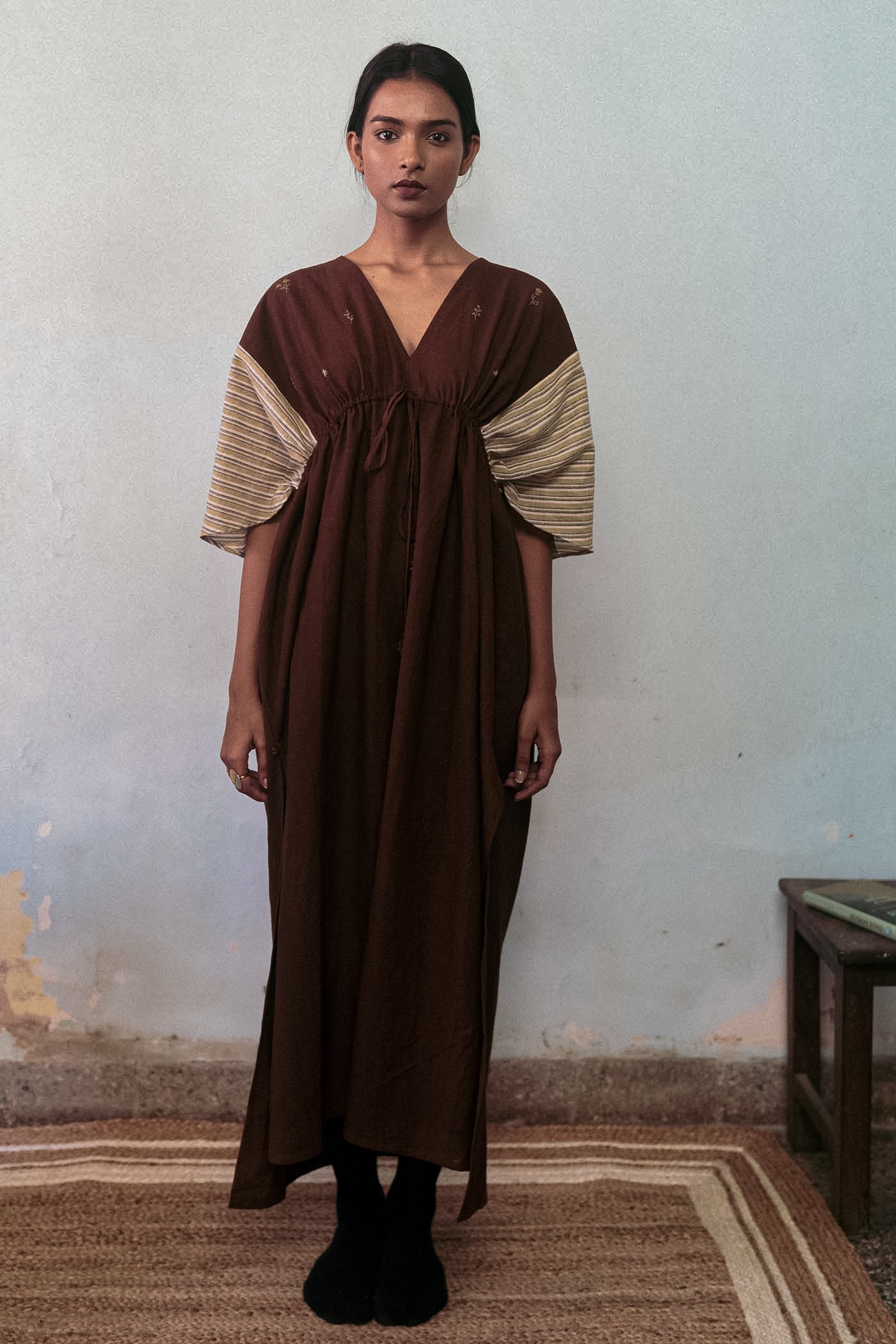 Brown Cotton Dress by Deeta Clothing with Brown, Casual Wear, Handwoven Cotton, Kaftan Dresses, Kaftans, Maxi Dresses, Natural with azo dyes, Relaxed Fit, Shibui AW22, Solids, Womenswear at Kamakhyaa for sustainable fashion