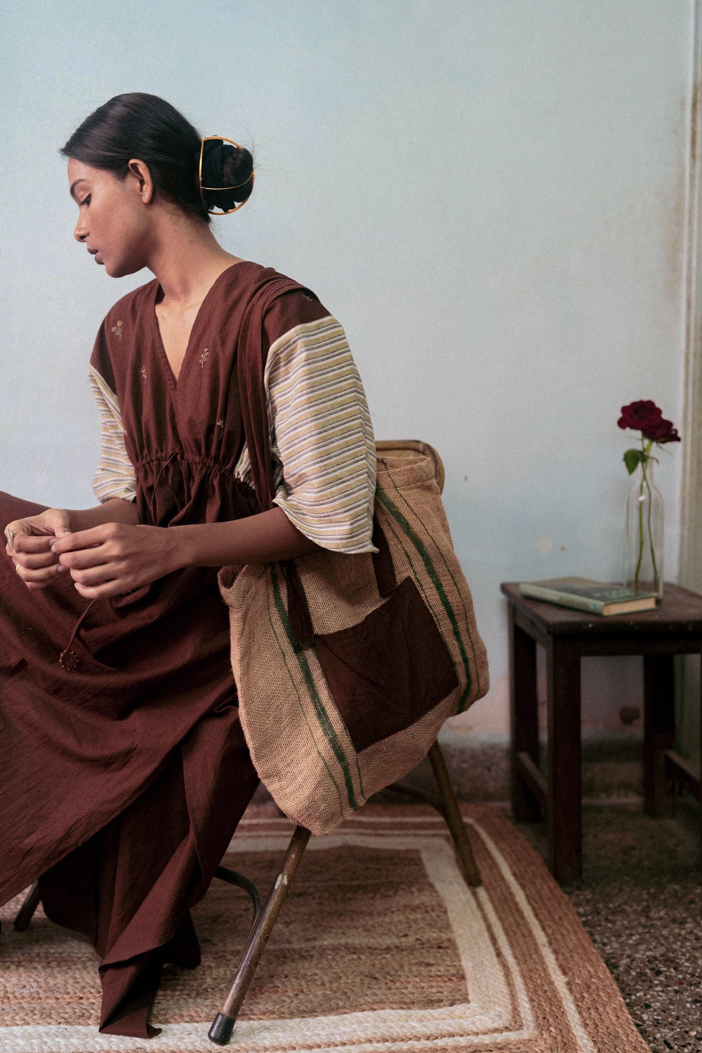 Brown Cotton Dress by Deeta Clothing with Brown, Casual Wear, Handwoven Cotton, Kaftan Dresses, Kaftans, Maxi Dresses, Natural with azo dyes, Relaxed Fit, Shibui AW22, Solids, Womenswear at Kamakhyaa for sustainable fashion