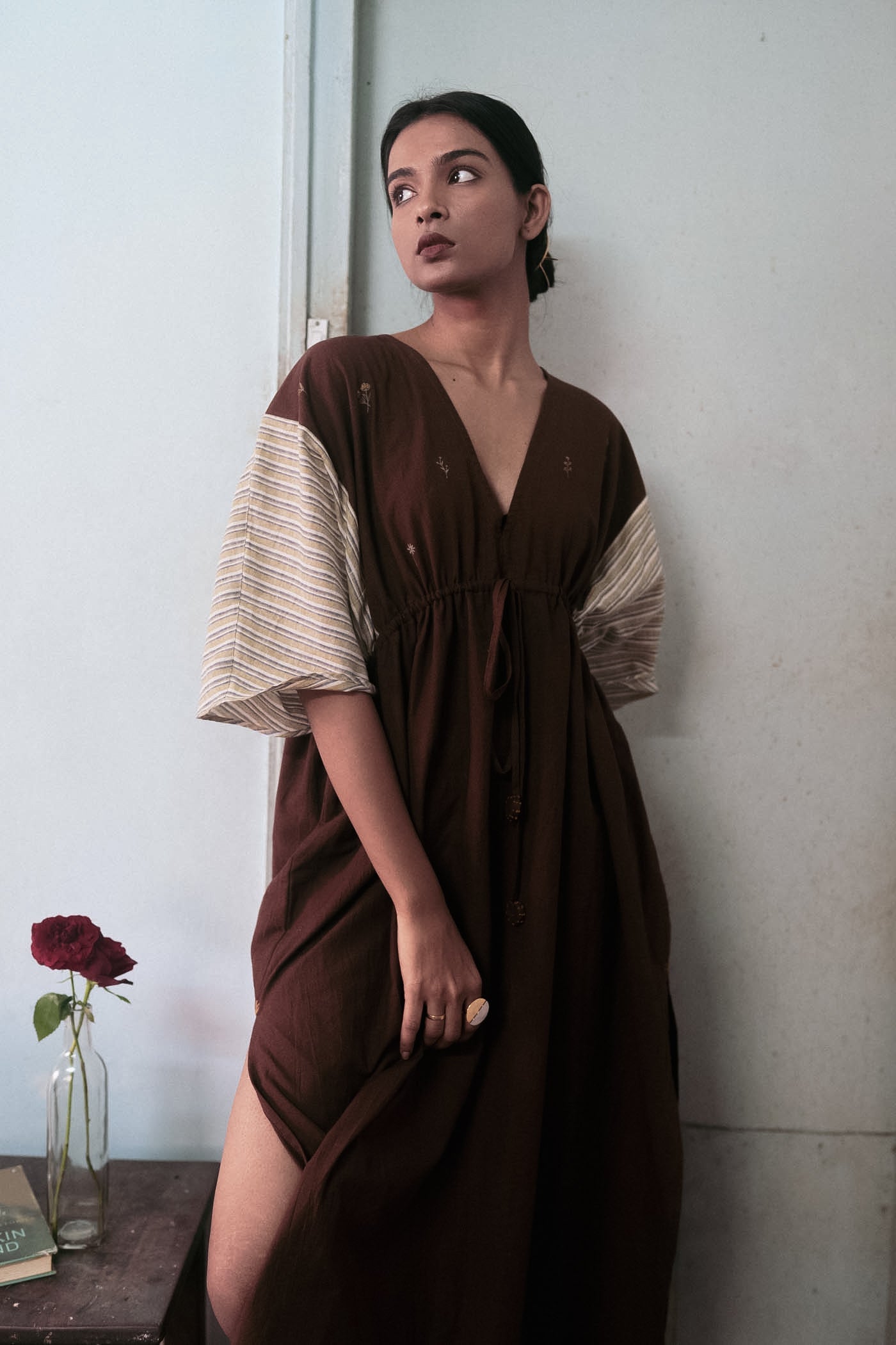 Brown Cotton Dress by Deeta Clothing with Brown, Casual Wear, Handwoven Cotton, Kaftan Dresses, Kaftans, Maxi Dresses, Natural with azo dyes, Relaxed Fit, Shibui AW22, Solids, Womenswear at Kamakhyaa for sustainable fashion