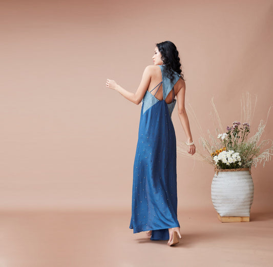 Blue Maxi Dress by Dan Ba with Blue, Cotton, July Sale, July Sale 2023, Maxi Dresses, Natural, Relaxed Fit, Resort Wear, Sleeveless Dresses, Solids, Womenswear at Kamakhyaa for sustainable fashion