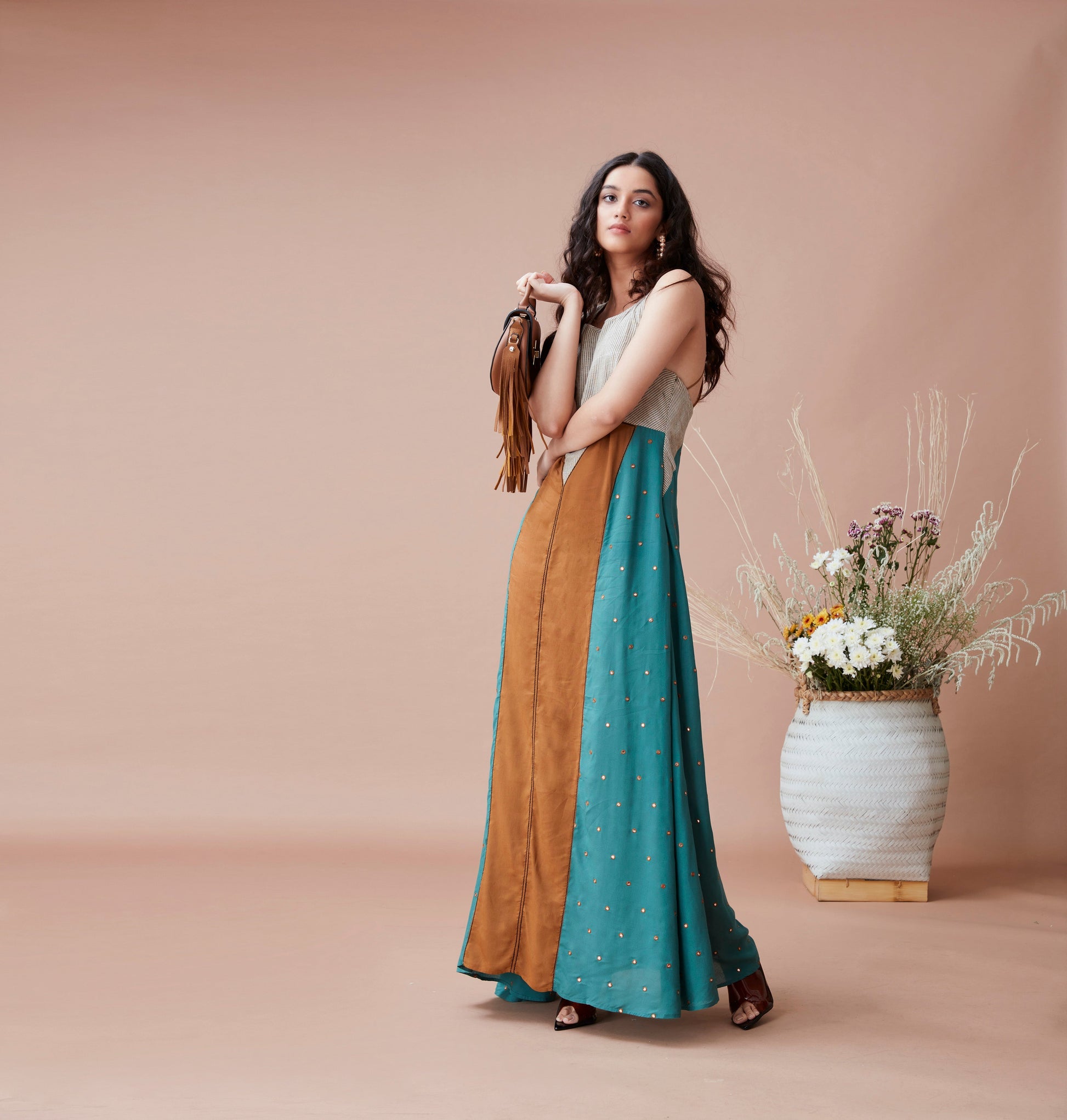 Brown Cotton Maxi Dress by Dan Ba with Brown, Cotton, fall, Green, July Sale, July Sale 2023, Maxi Dresses, Natural, Relaxed Fit, Resort Wear, Sleeveless Dresses, Solids, Womenswear at Kamakhyaa for sustainable fashion