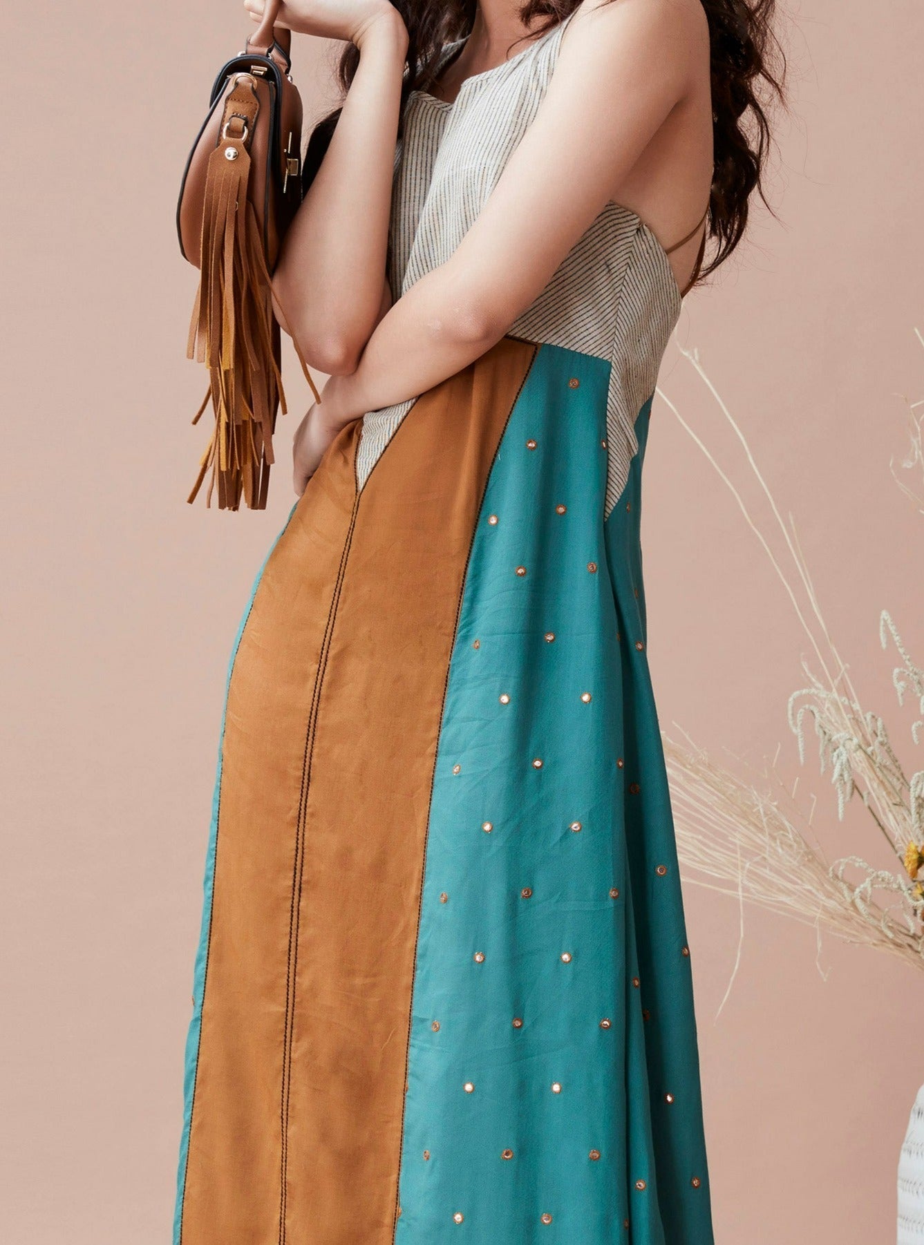 Brown Cotton Maxi Dress by Dan Ba with Brown, Cotton, fall, Green, July Sale, July Sale 2023, Maxi Dresses, Natural, Relaxed Fit, Resort Wear, Sleeveless Dresses, Solids, Womenswear at Kamakhyaa for sustainable fashion