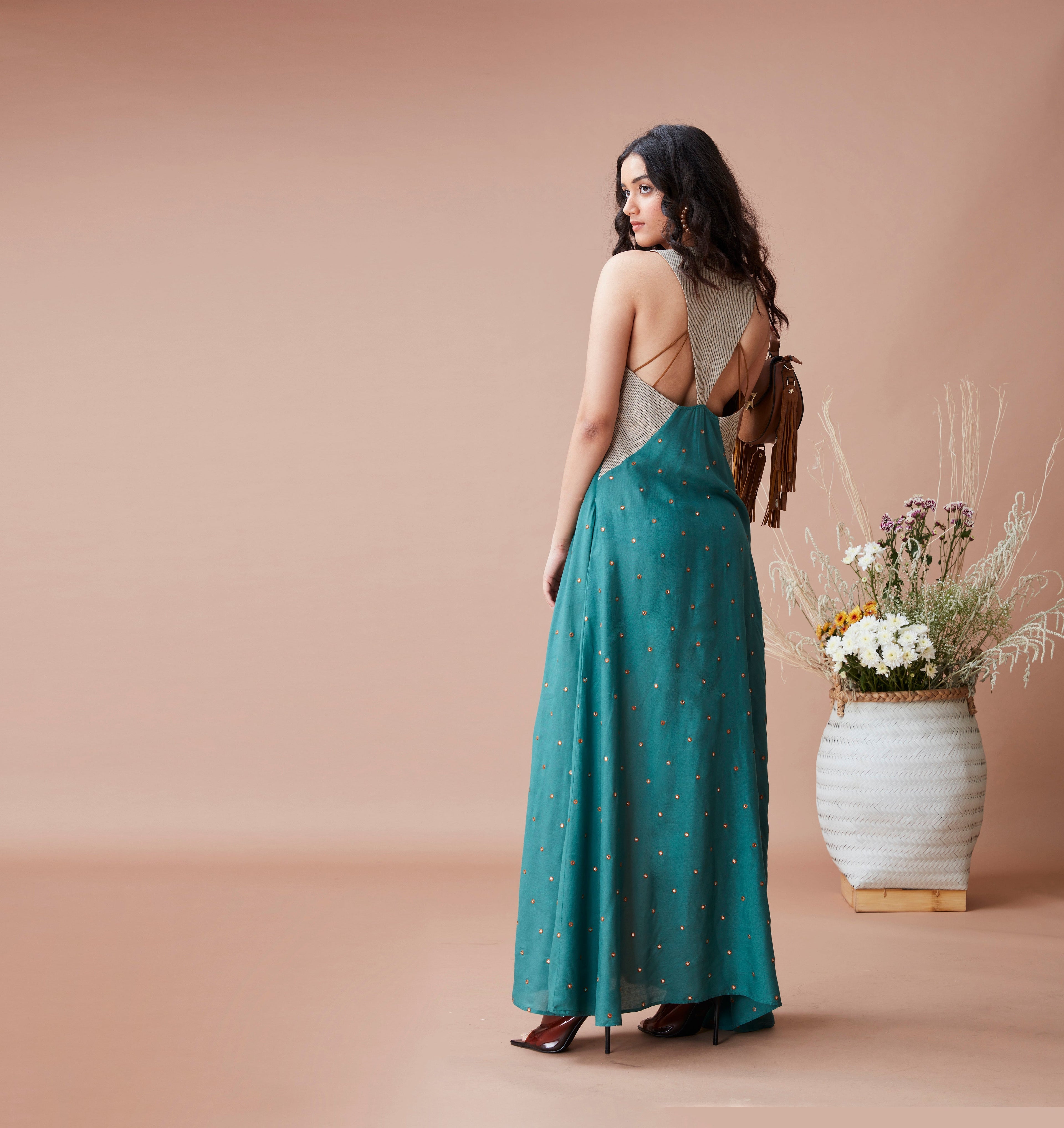 Brown Cotton Maxi Dress by Dan Ba with Brown, Cotton, fall, Green, July Sale, July Sale 2023, Maxi Dresses, Natural, Relaxed Fit, Resort Wear, Sleeveless Dresses, Solids, Womenswear at Kamakhyaa for sustainable fashion
