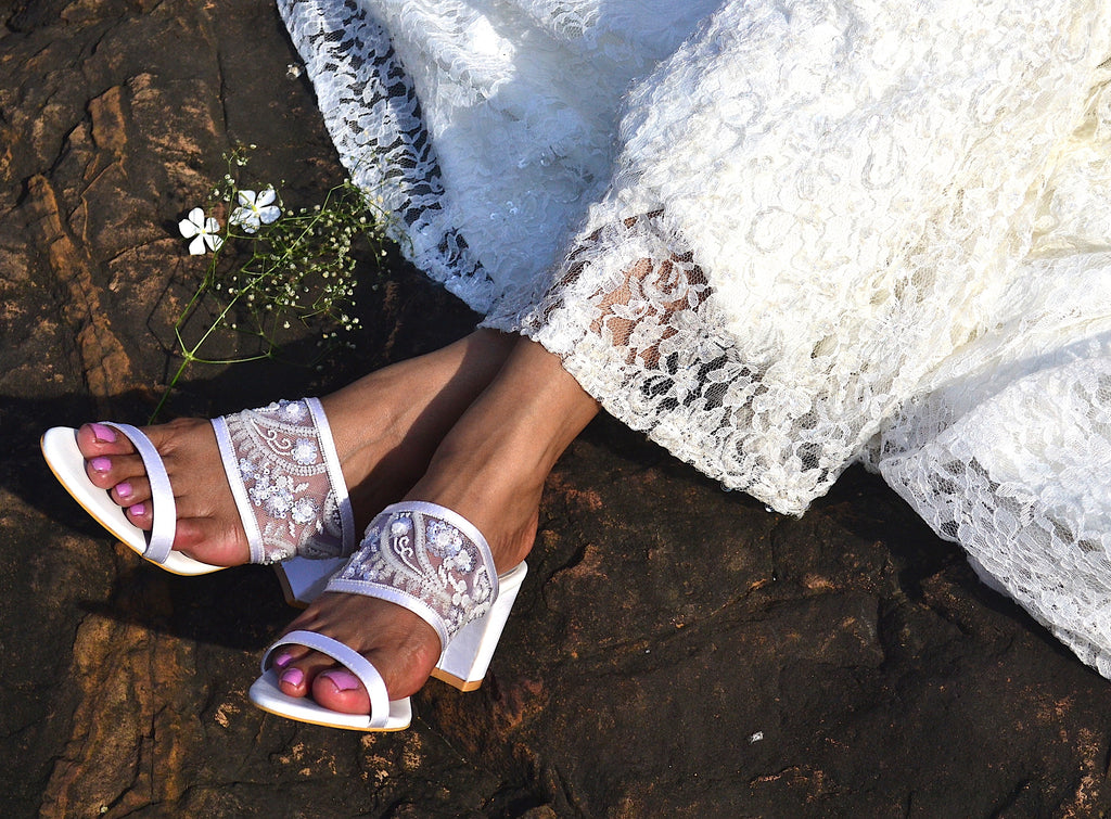 Embellished Block Heels in white by Sole Stories with Basics Edit- Chapter II, Faux Leather, Handcrafted, Heels, Open Toes, Relaxed Fit, Solids, Vegan, White at Kamakhyaa for sustainable fashion