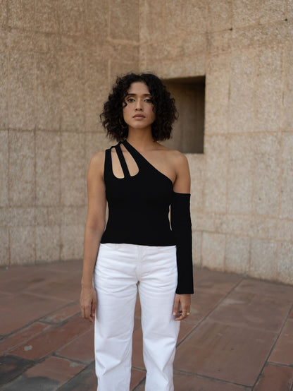 Black Sleeveless Top by Meko Studio with Black, Cotton, Evening Wear, July Sale, July Sale 2023, Lycra, One Shoulder Tops, Sleeveless Tops, Slim Fit, Solids, Sourced from dead stock yarns, Tops, Tranquil AW-22/23, Tranquil by Meko Studio, Womenswear at Kamakhyaa for sustainable fashion