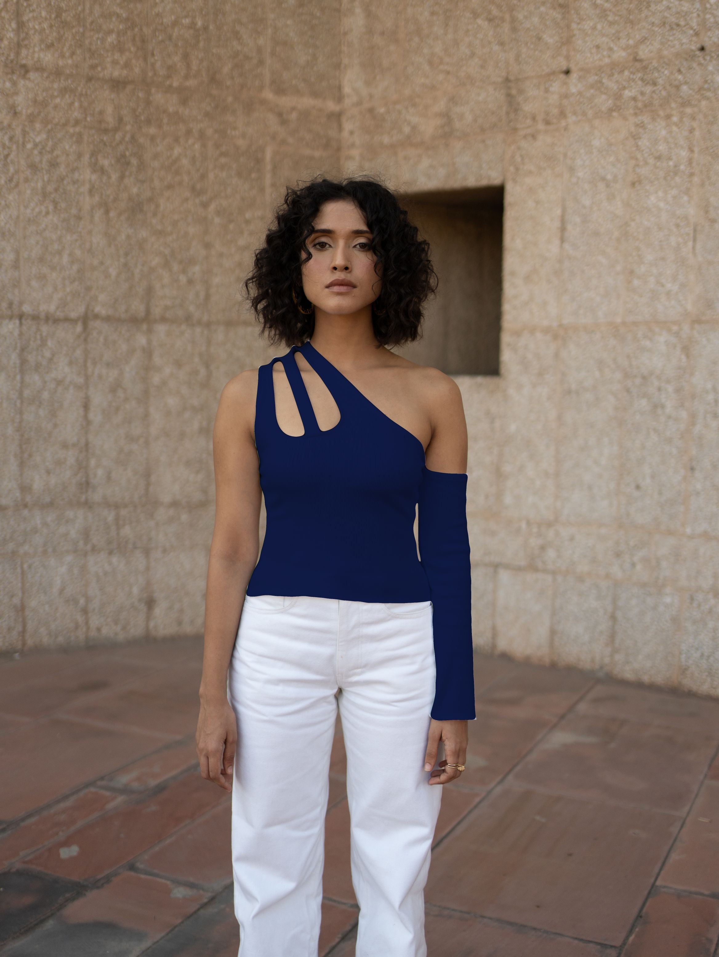 Blue Sleeveless Top by Meko Studio with Blue, Cotton, Evening Wear, July Sale, July Sale 2023, Lycra, One Shoulder Tops, Sleeveless Tops, Slim Fit, Solid Selfmade, Solids, Sourced from dead stock yarns, Tops, Tranquil AW-22/23, Tranquil by Meko Studio, Womenswear at Kamakhyaa for sustainable fashion