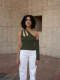 Olive Green Sleeveless Top by Meko Studio with Cotton, Evening Wear, July Sale, July Sale 2023, Lycra, Olive Green, One Shoulder Tops, Sleeveless Tops, Slim Fit, Solids, Sourced from dead stock yarns, Tops, Tranquil AW-22/23, Tranquil by Meko Studio, Womenswear at Kamakhyaa for sustainable fashion